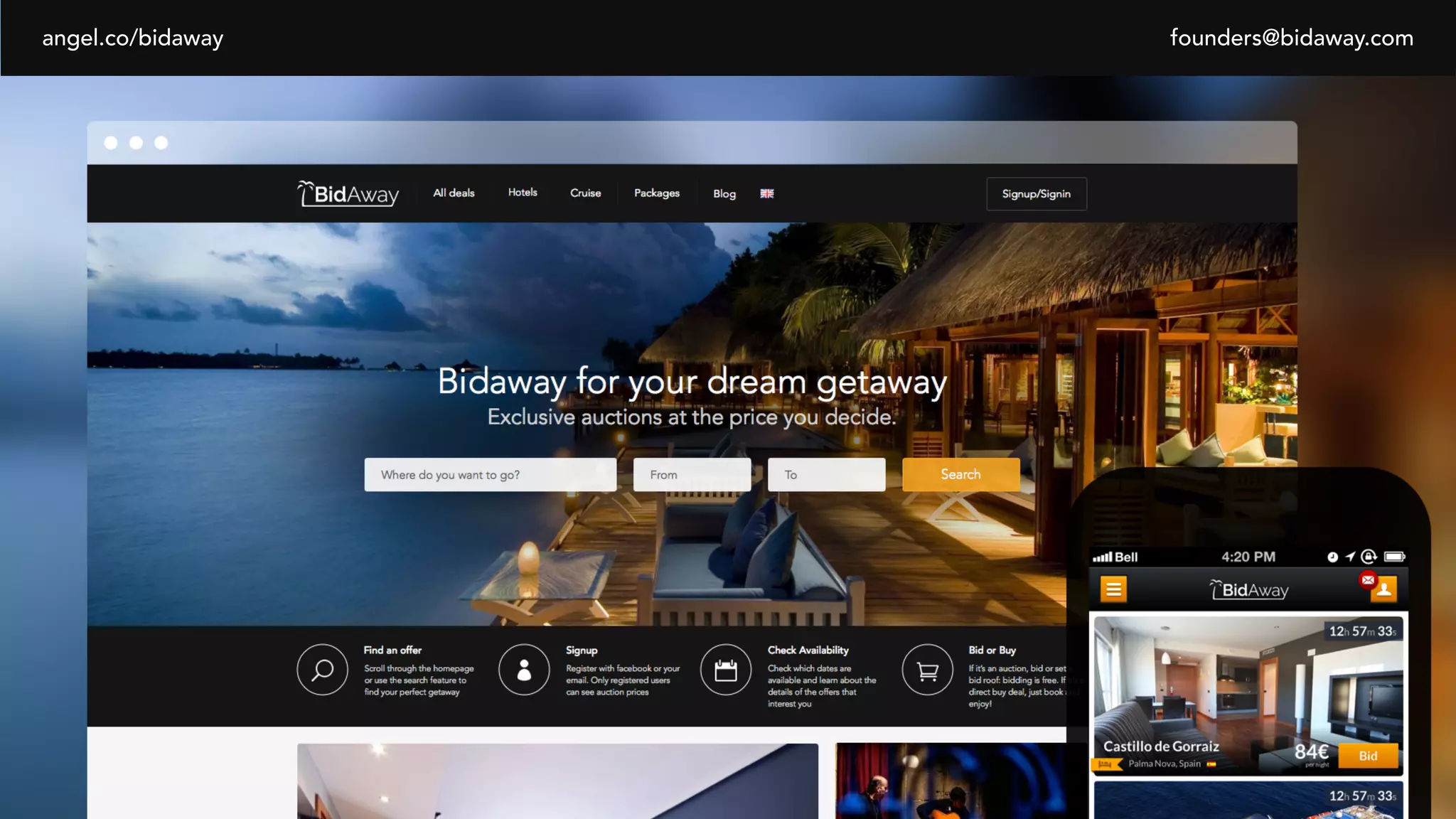 Cover slide of the BidAway pitch deck — 2014