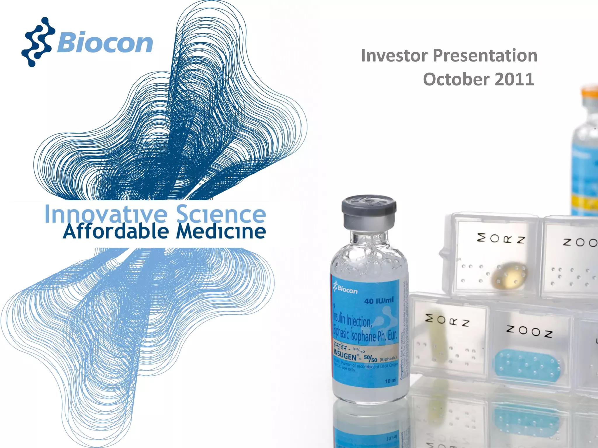 Cover slide of the Biocon pitch deck — 2011
