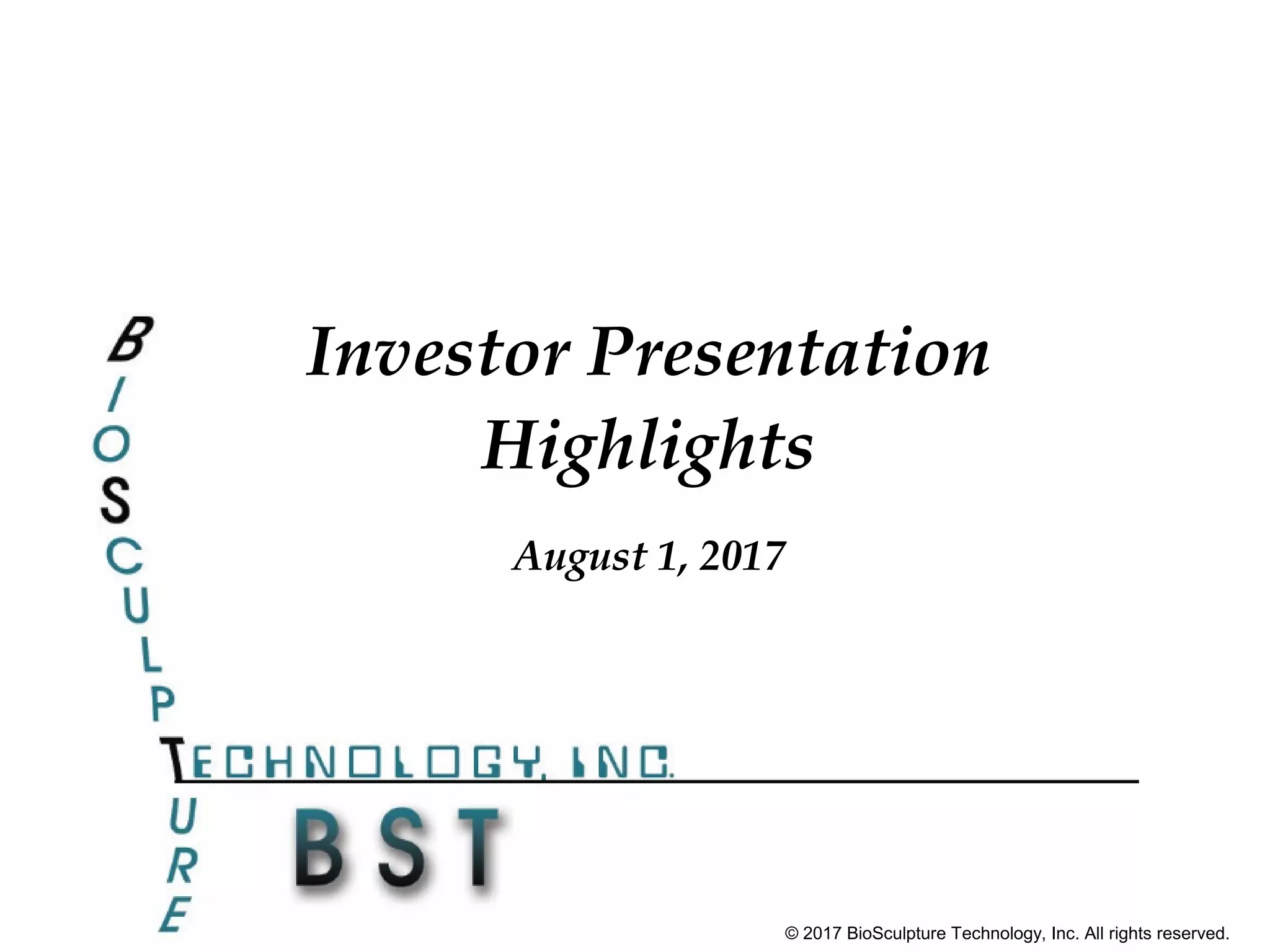 Cover slide of the BioSculpture Technology, Inc. pitch deck — 2017
