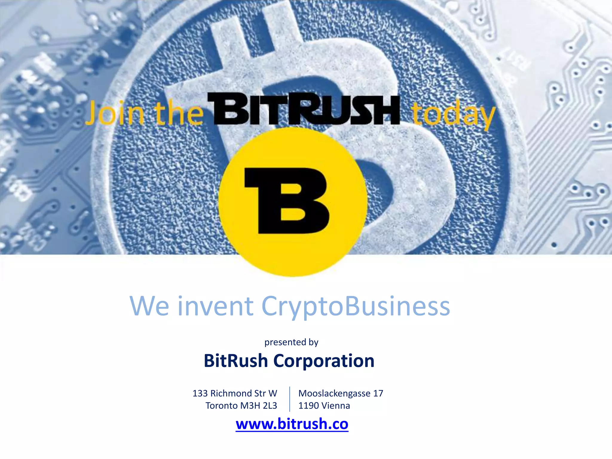 Cover slide of the BitRush Corporation pitch deck — Private Placement 2015