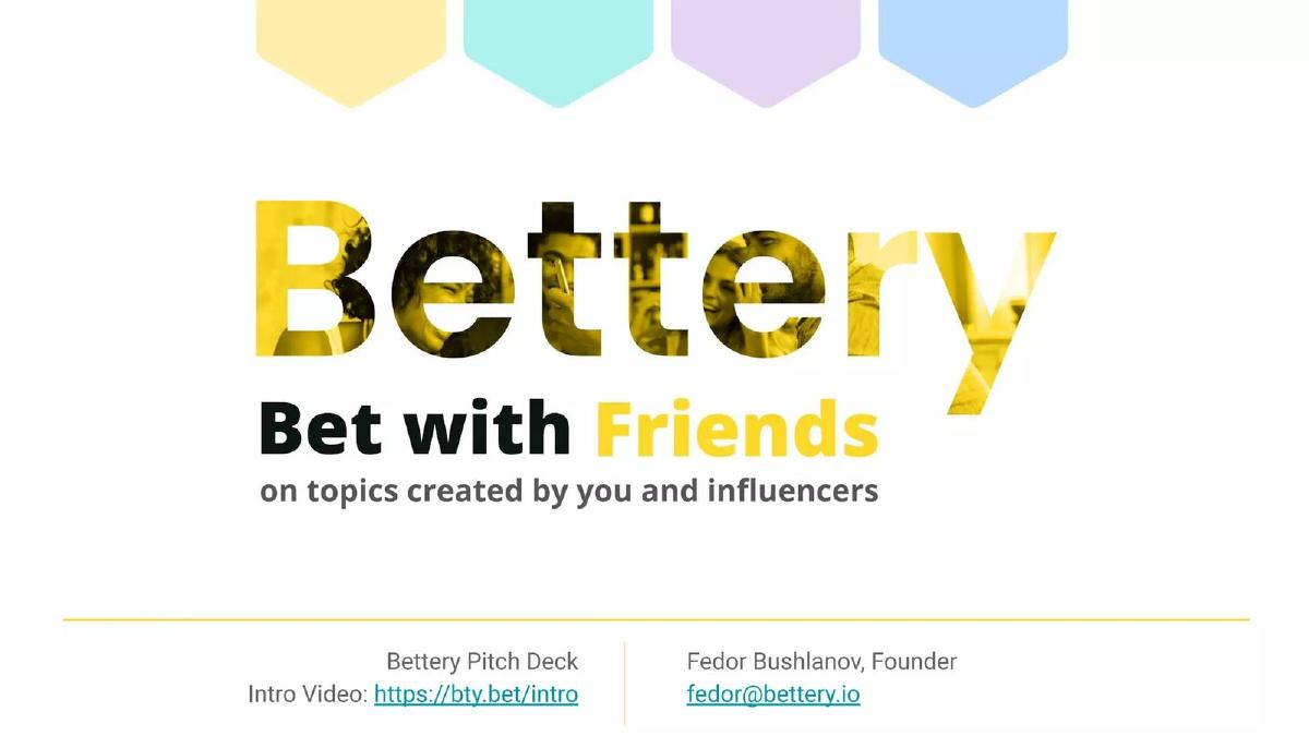 Cover slide of the Bettery pitch deck — Seed / Token Sale 2021
