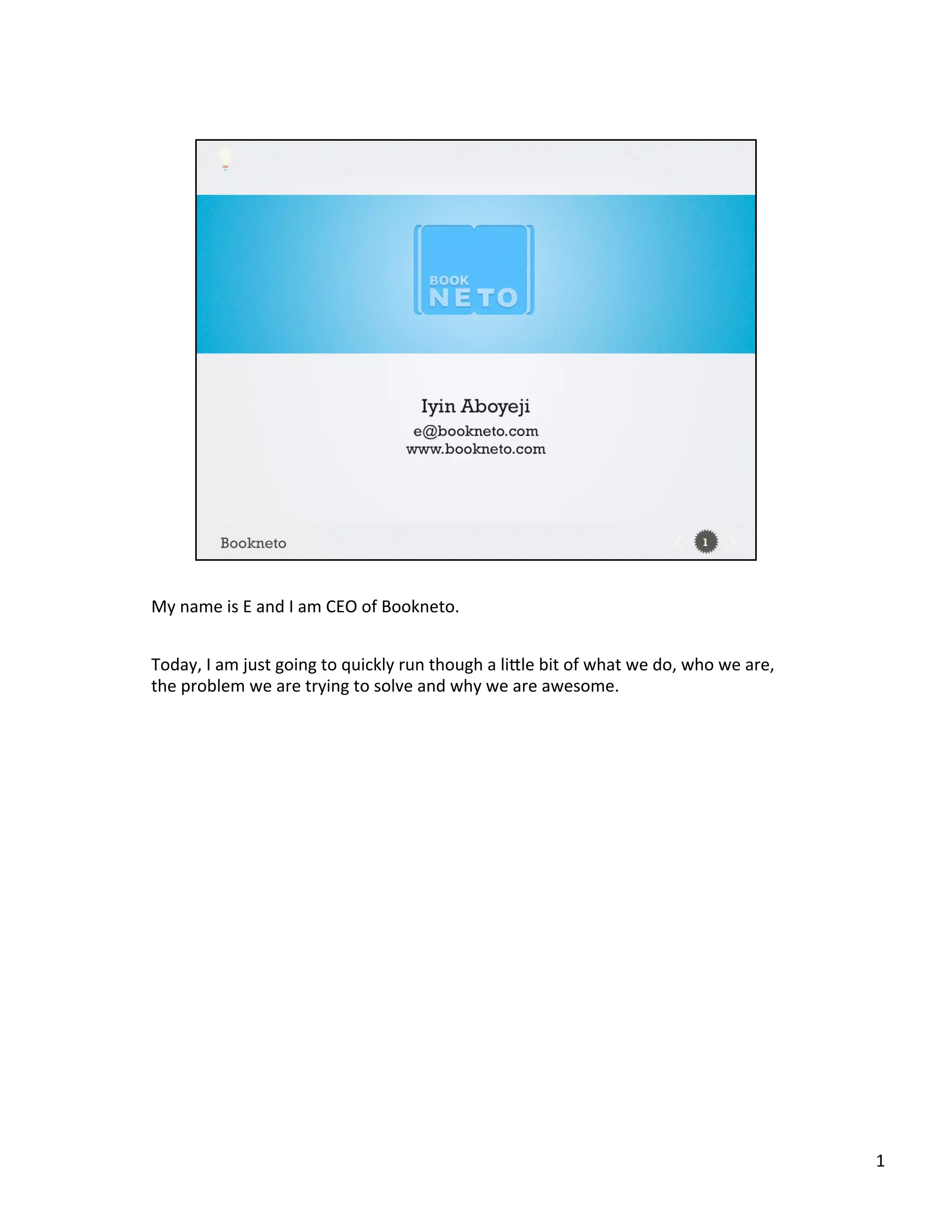 Cover slide of the Bookneto pitch deck — Seed 2011