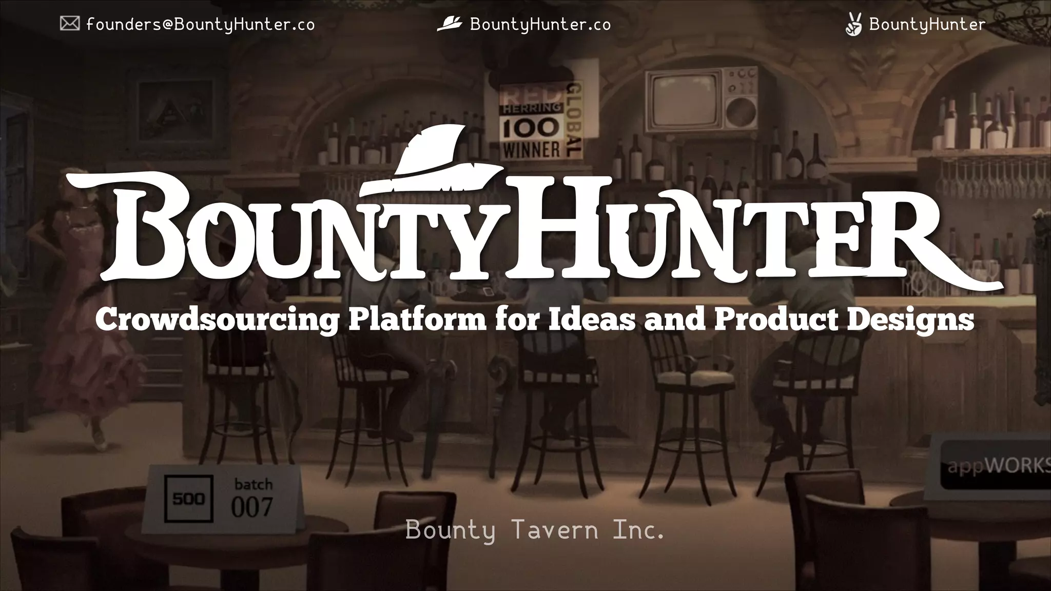 Cover slide of the Bounty Tavern Inc. (BountyHunter) pitch deck