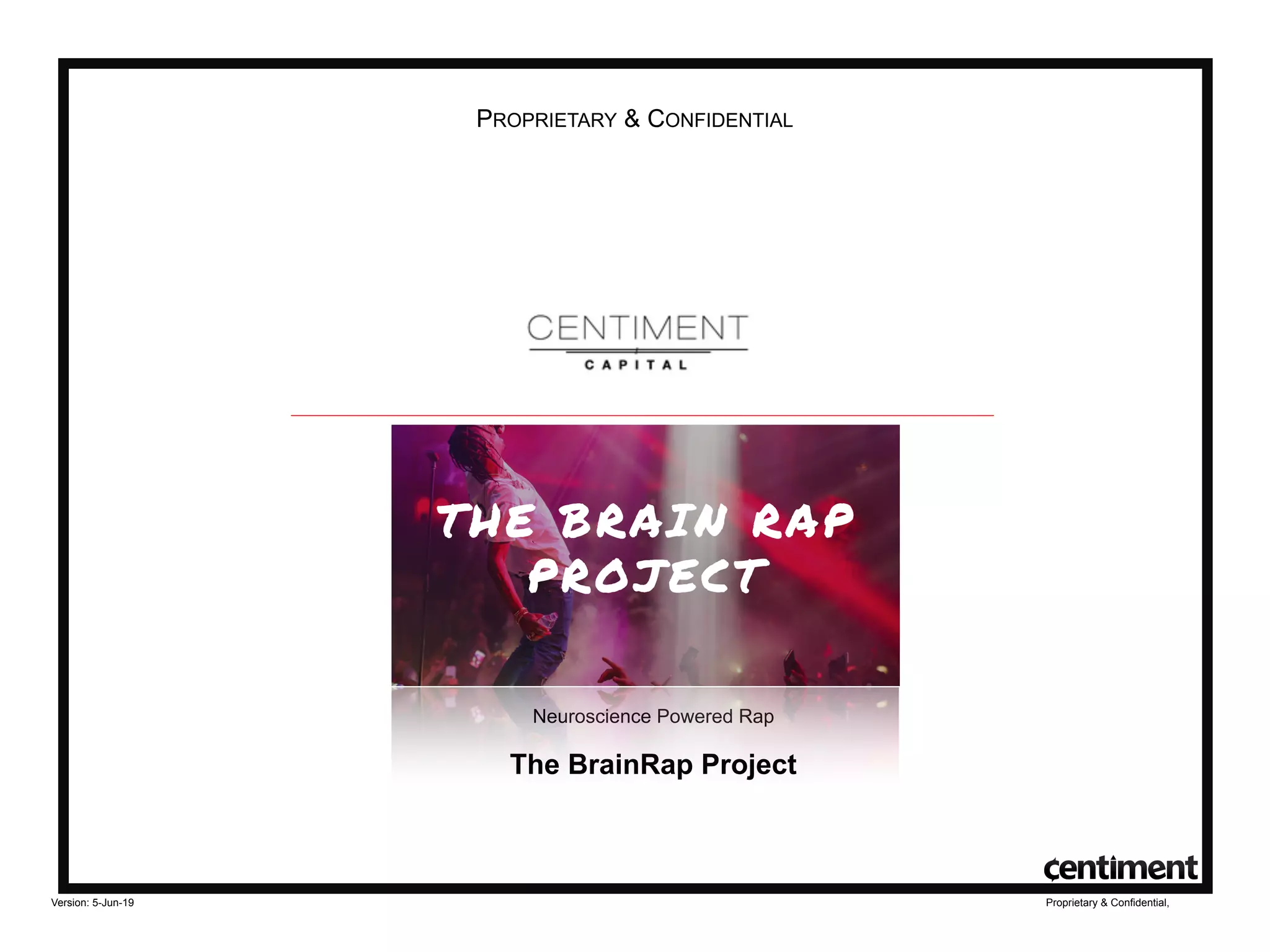 Cover slide of the Brain Rap Artist (Centiment) pitch deck — 2019