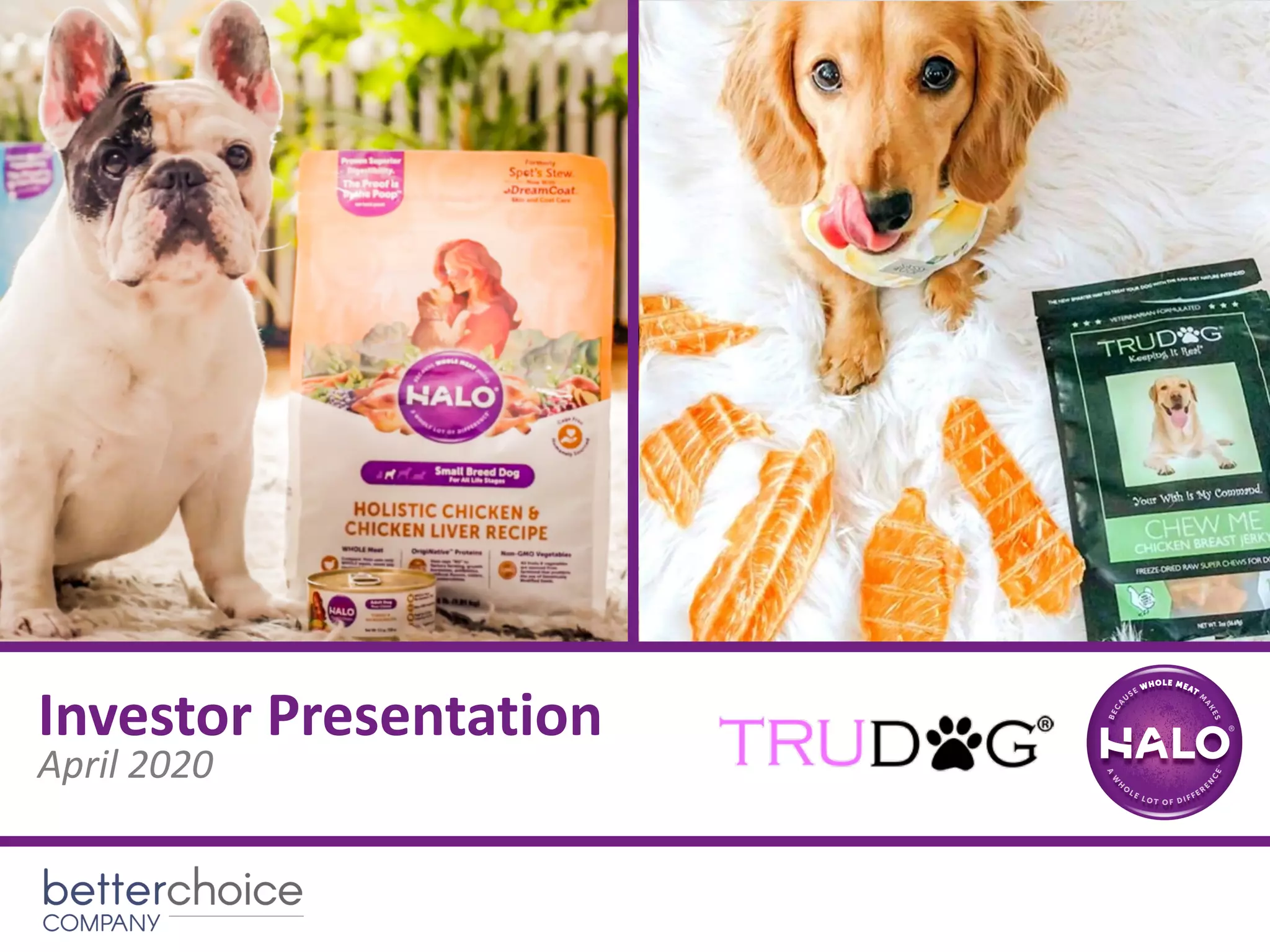 Cover slide of the Better Choice Company (BTTR) pitch deck — Public (OTCQB) 2020