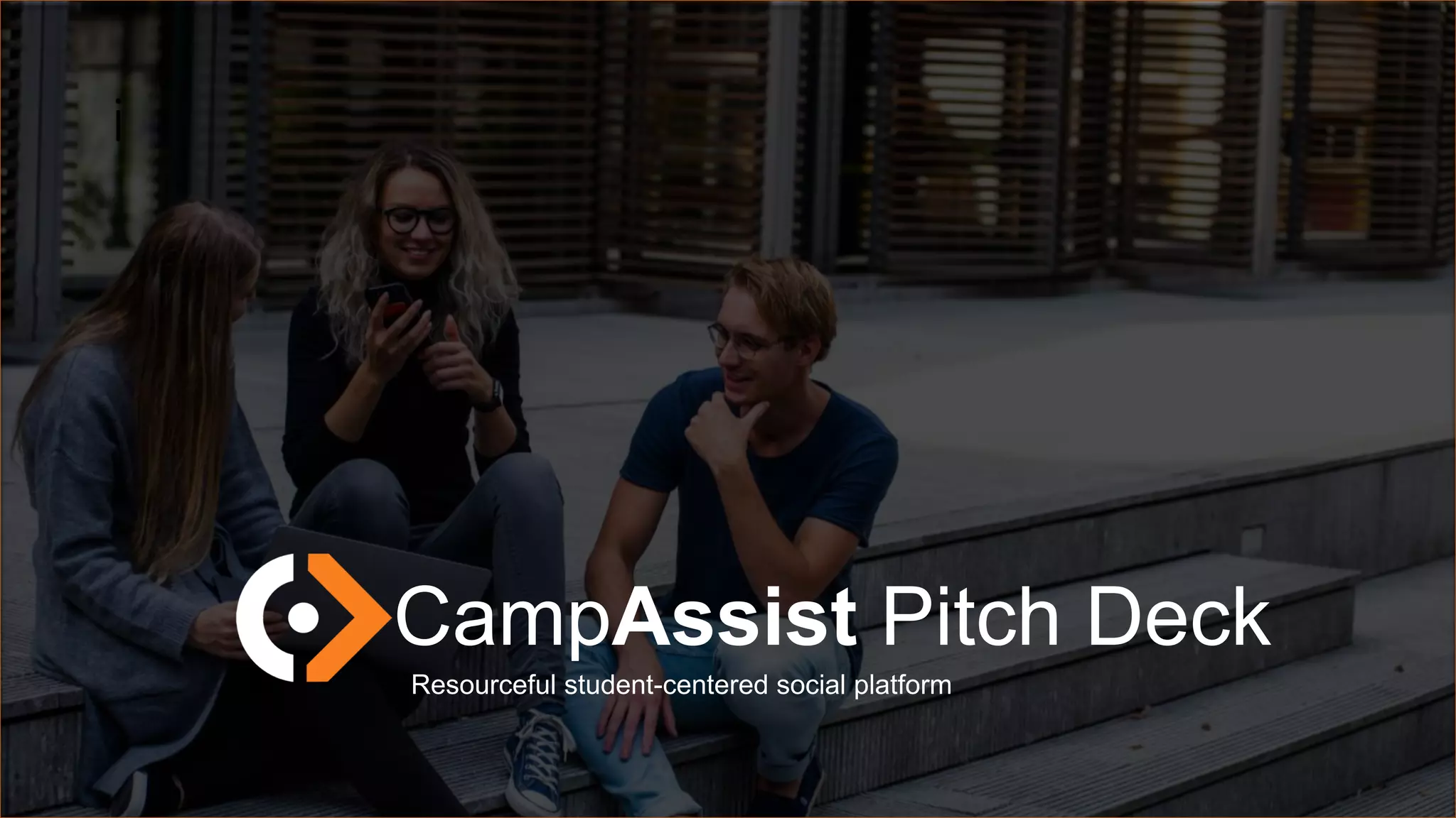 Cover slide of the CampAssist pitch deck — Early Stage / MVP 2019