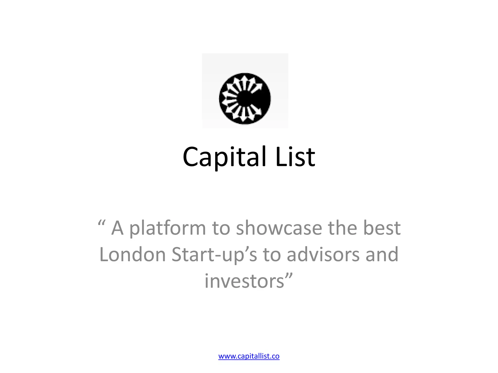 Cover slide of the Capital List pitch deck — Pilot / Beta