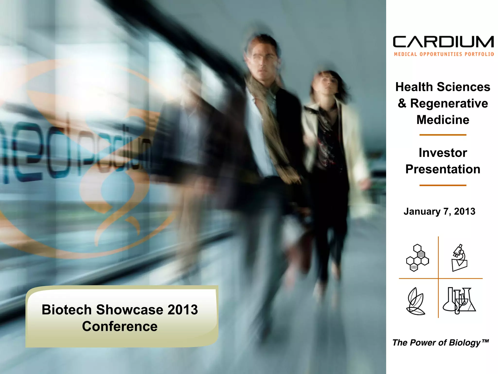 Cover slide of the Cardium Therapeutics pitch deck — Late Stage / Commercial 2013