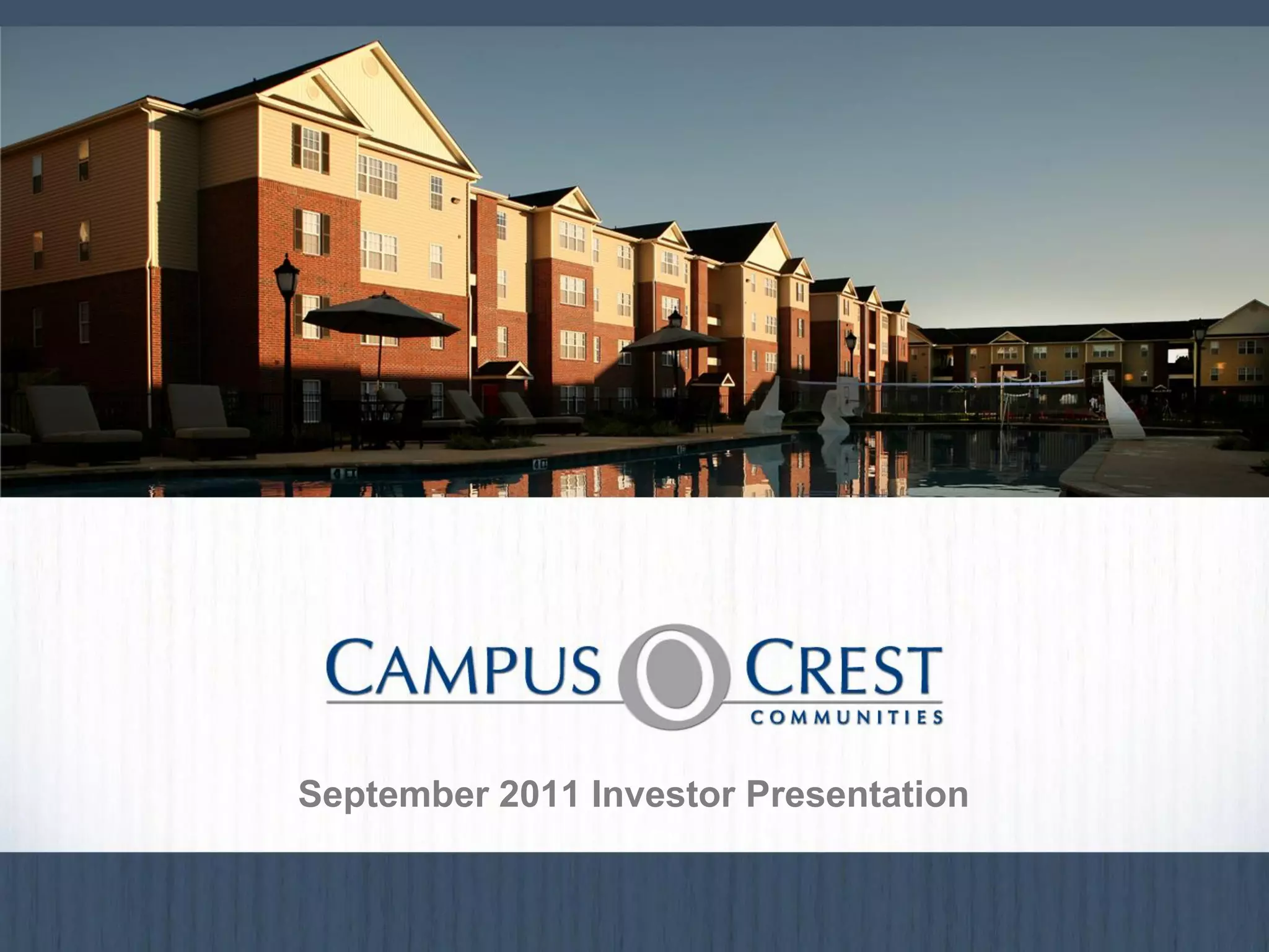 Cover slide of the Campus Crest Communities pitch deck — 2011