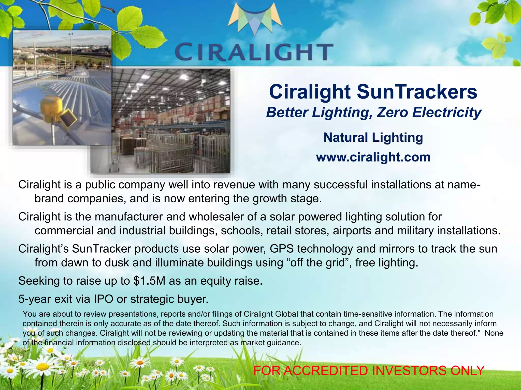 Cover slide of the Ciralight Global pitch deck — Growth / Public