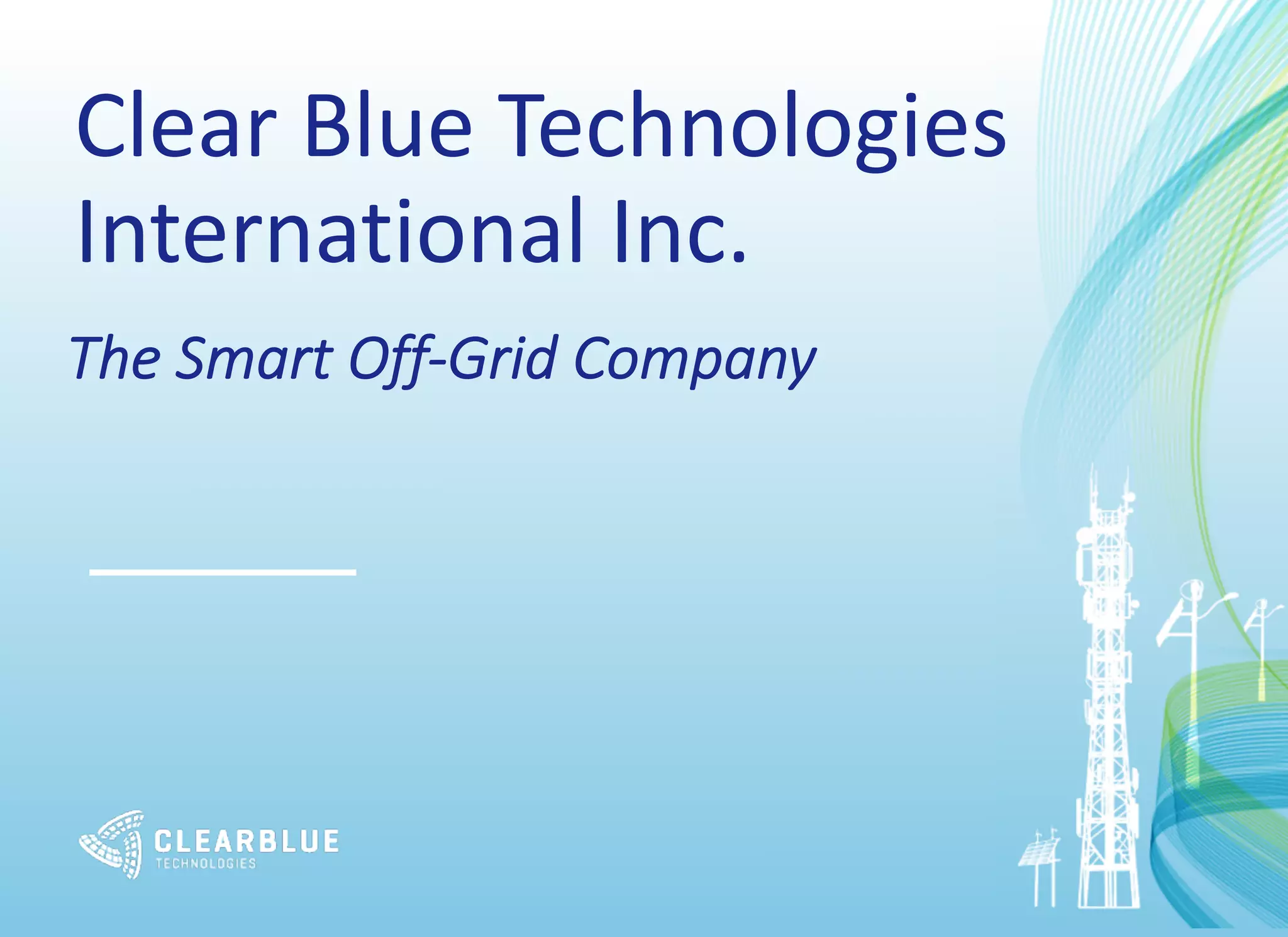 Cover slide of the Clear Blue Technologies International Inc. pitch deck — Public (TSXV: CBLU) 2019