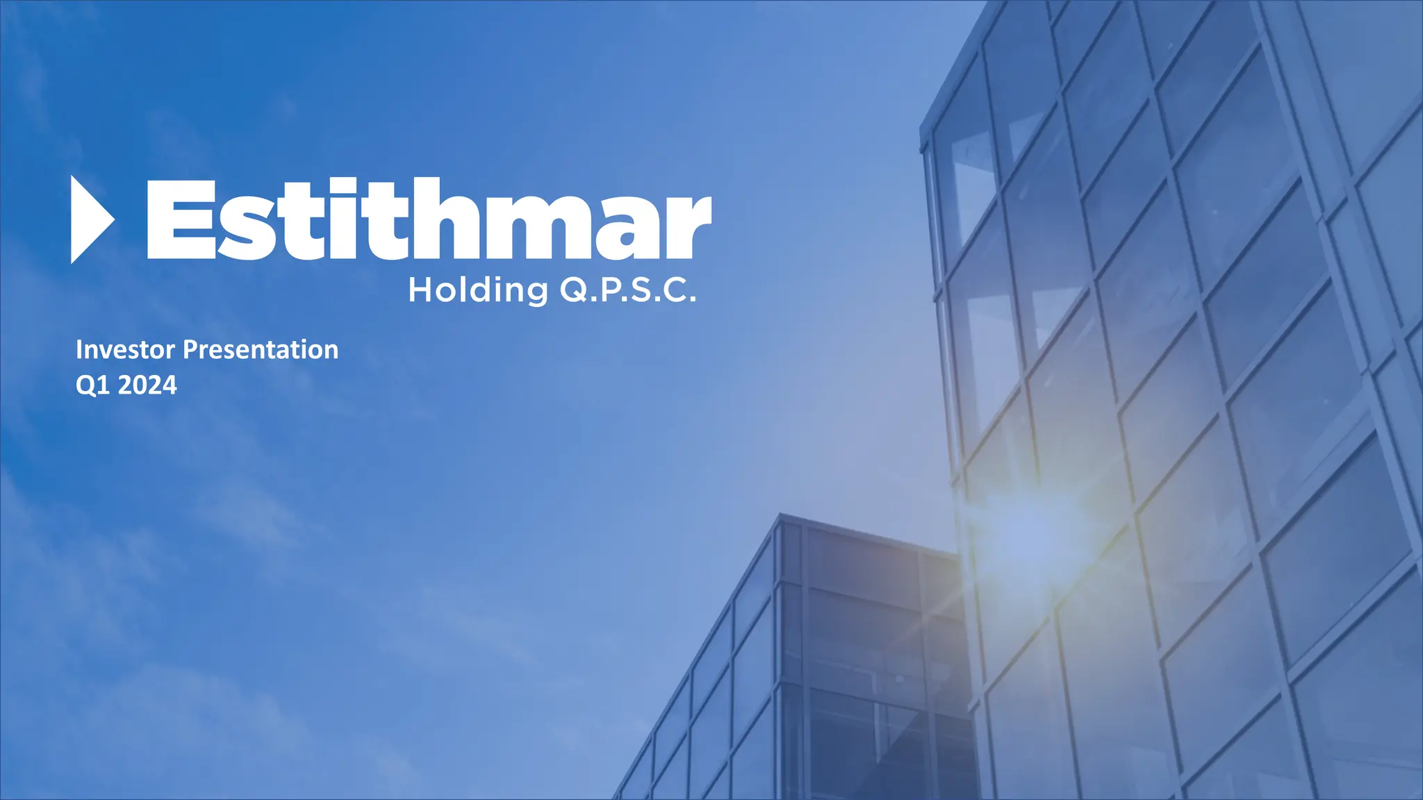 Cover slide of the Estithmar Holding Q.P.S.C. pitch deck — 2024