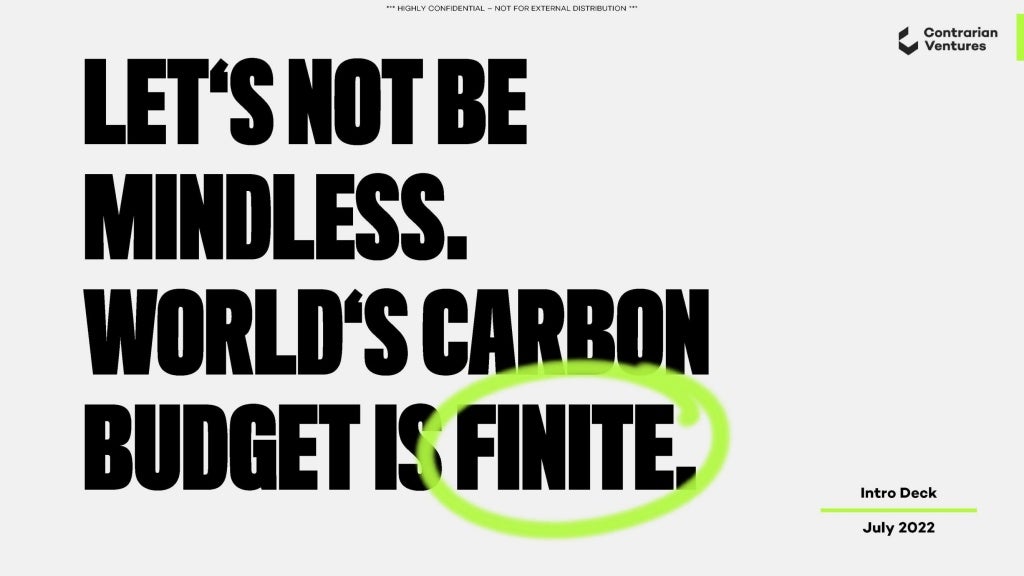 Cover slide of the Contrarian Ventures pitch deck — Fund II 2022