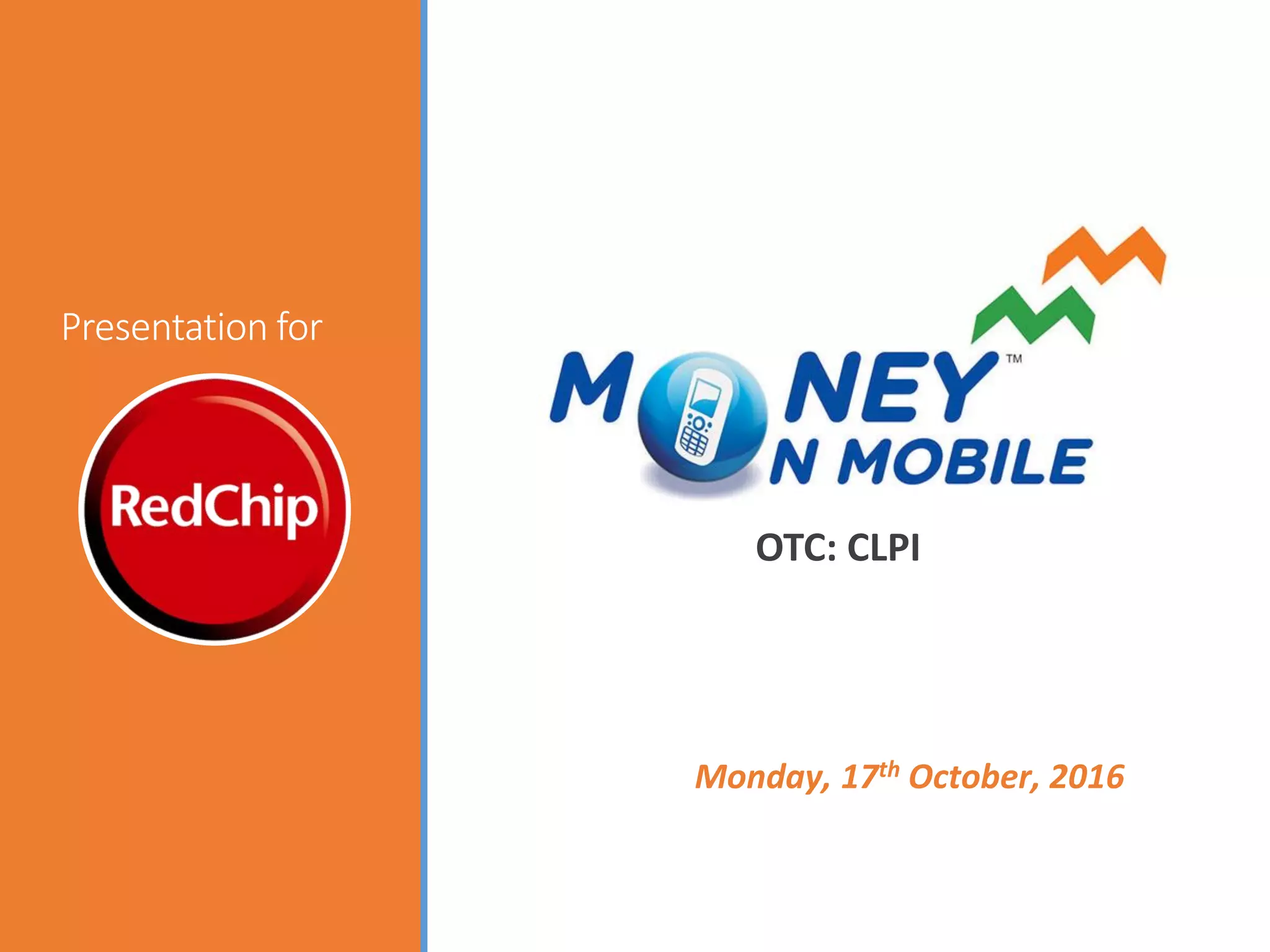 Cover slide of the MoneyOnMobile (CLPI) pitch deck — Public (OTC) 2016