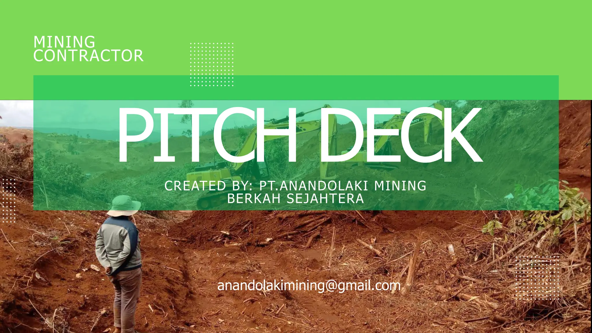 Cover slide of the PT Anandolaki Mining Berkah Sejahtera pitch deck — Operational / Contractor 2023