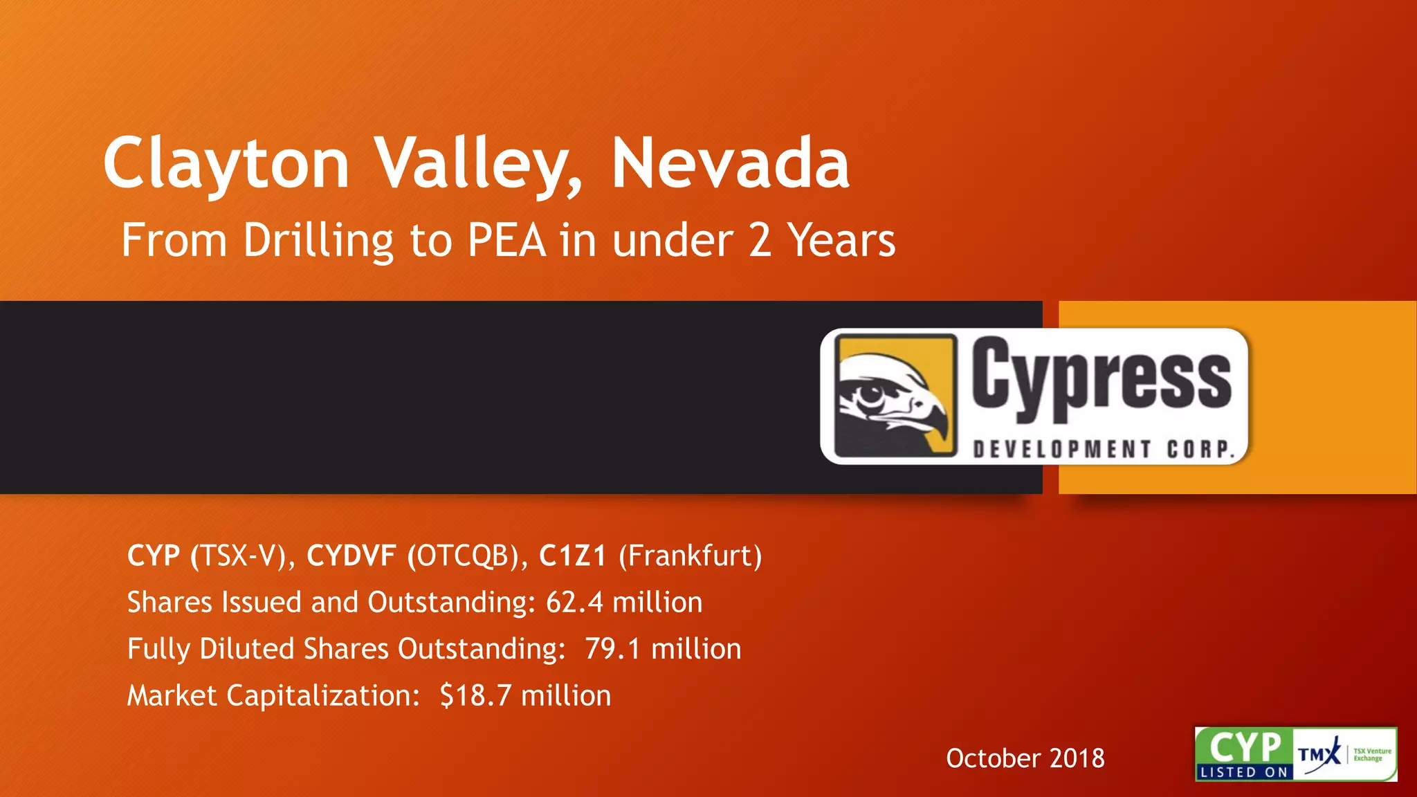 Cover slide of the Cypress Development Corp. pitch deck — Public (TSX-V: CYP) 2018