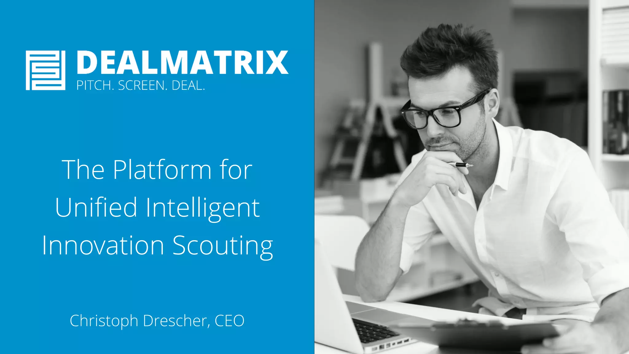 Cover slide of the DealMatrix pitch deck — 2018