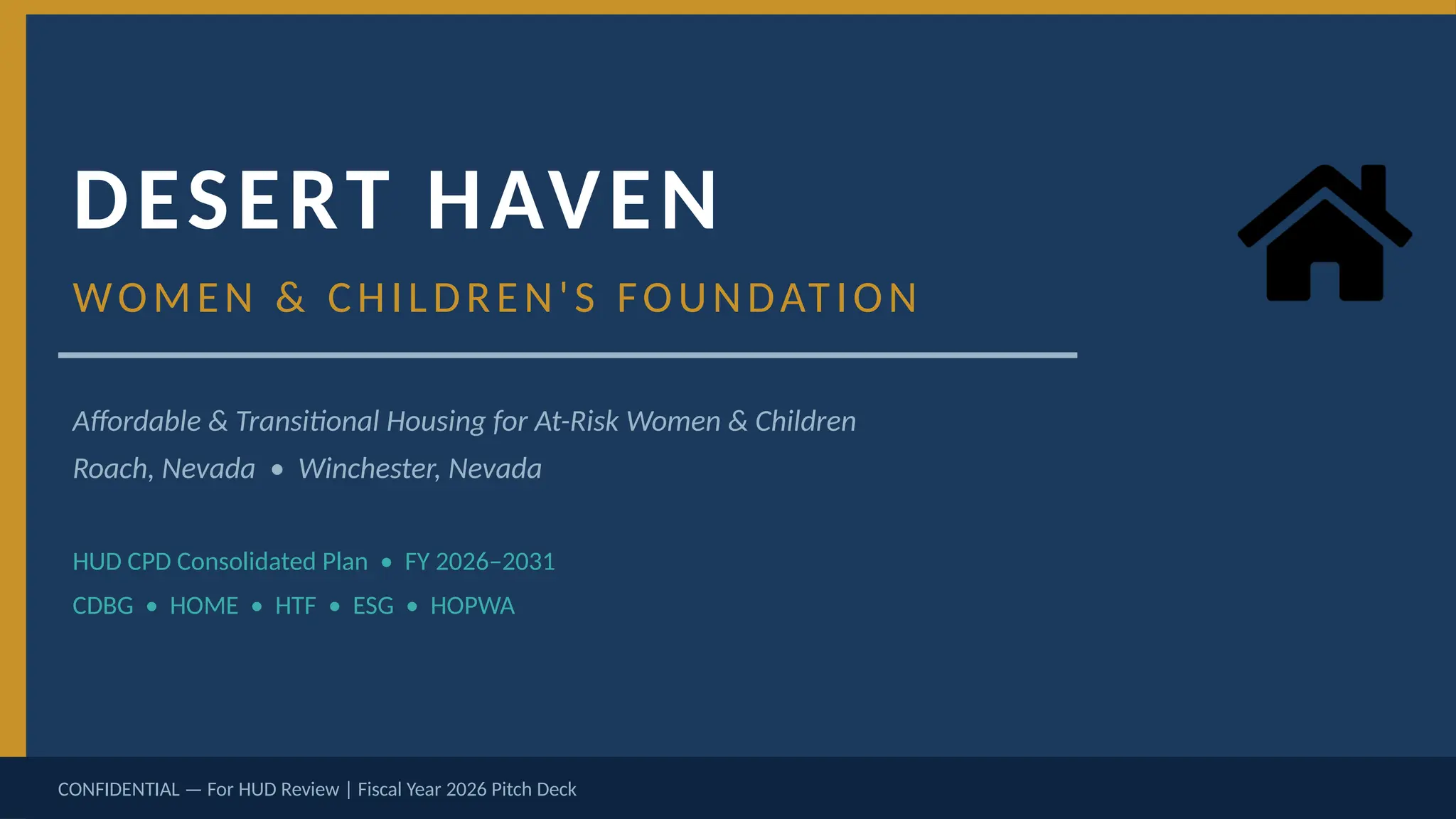 Cover slide of the Desert Haven Women & Children's Foundation pitch deck — 2026