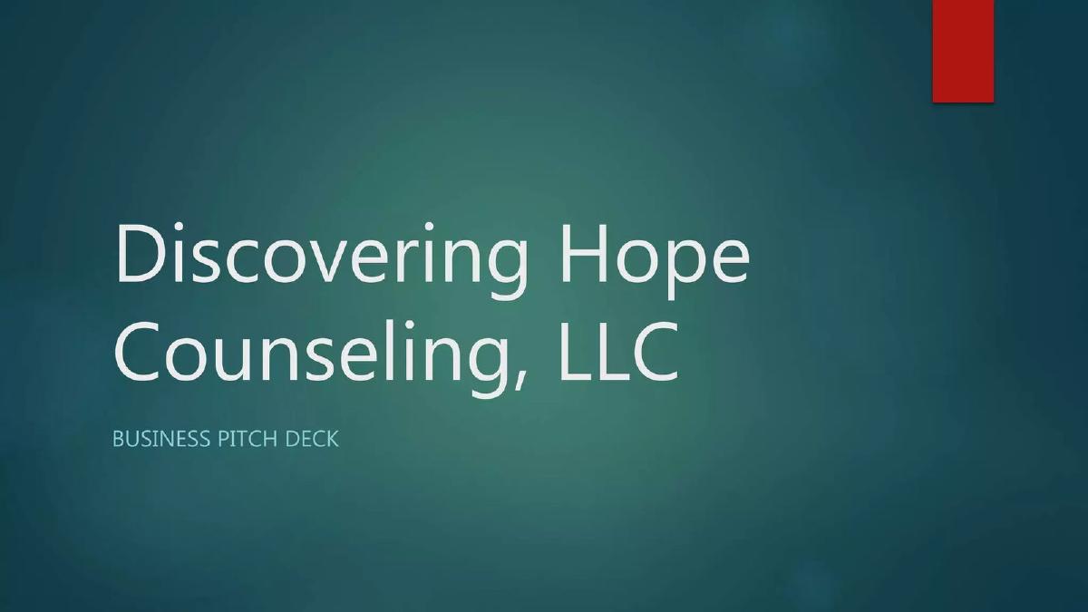 Cover slide of the Discovering Hope Counseling, LLC (dhc) pitch deck — Seed / Startup 2018