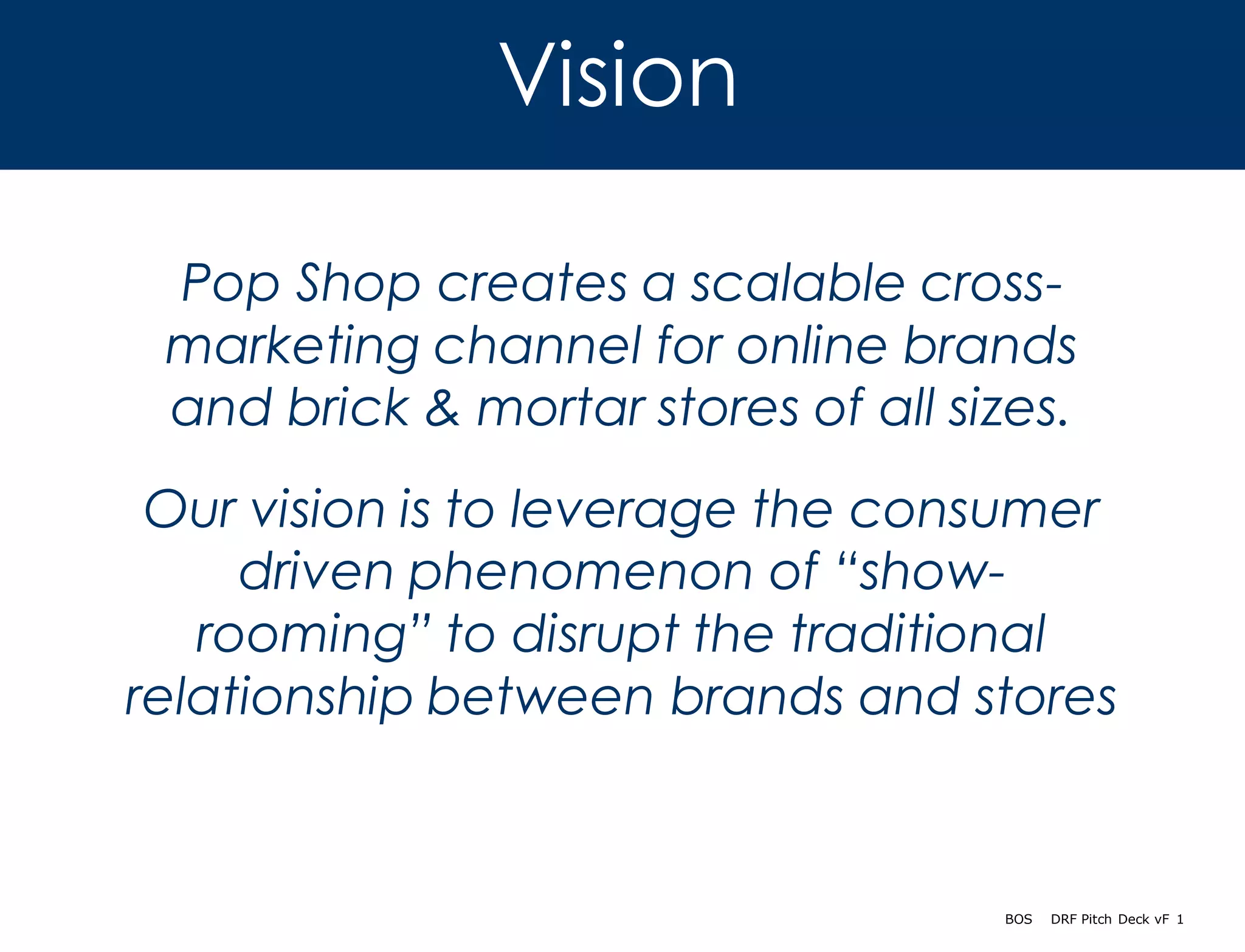 Cover slide of the Pop Shop (DRF) pitch deck — Seed 2013