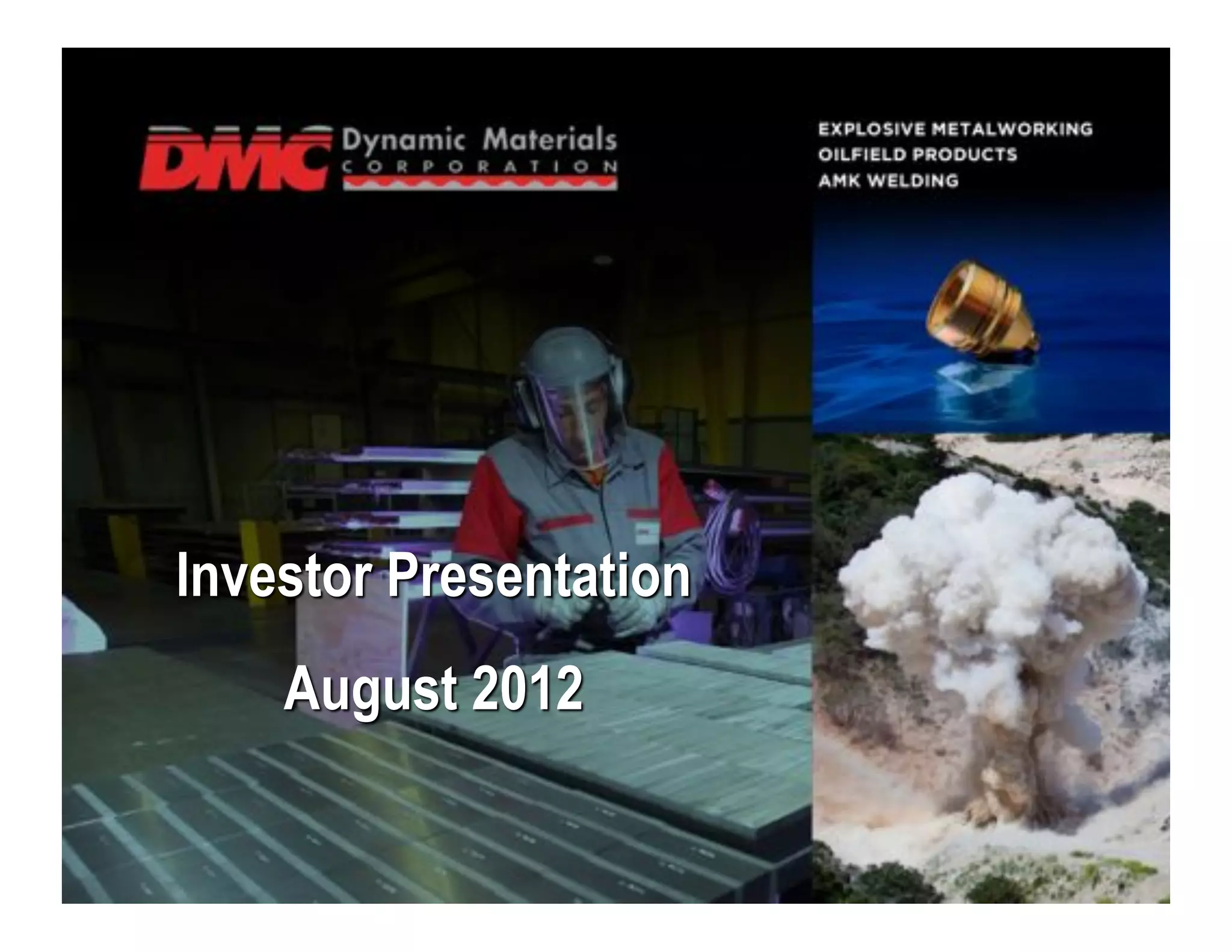 Cover slide of the Dynamic Materials Corporation (DMC) pitch deck — Public (NASDAQ: BOOM) 2012