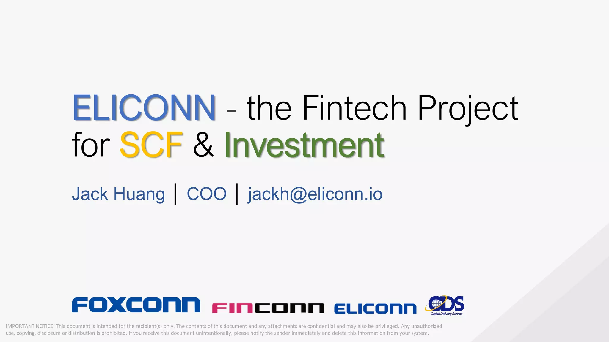 Cover slide of the Eliconn pitch deck