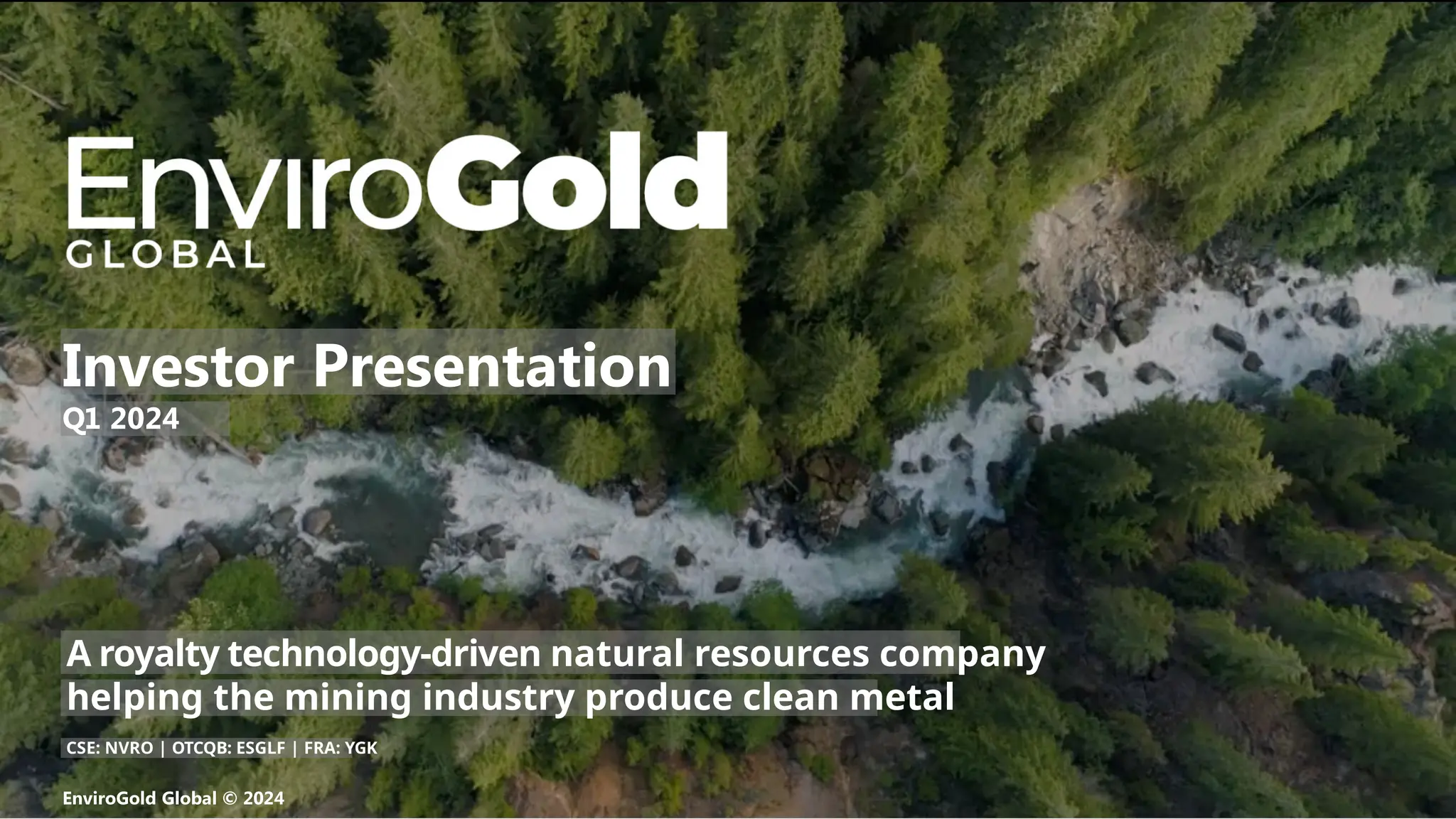 Cover slide of the EnviroGold Global pitch deck — Public (CSE: NVRO) 2024