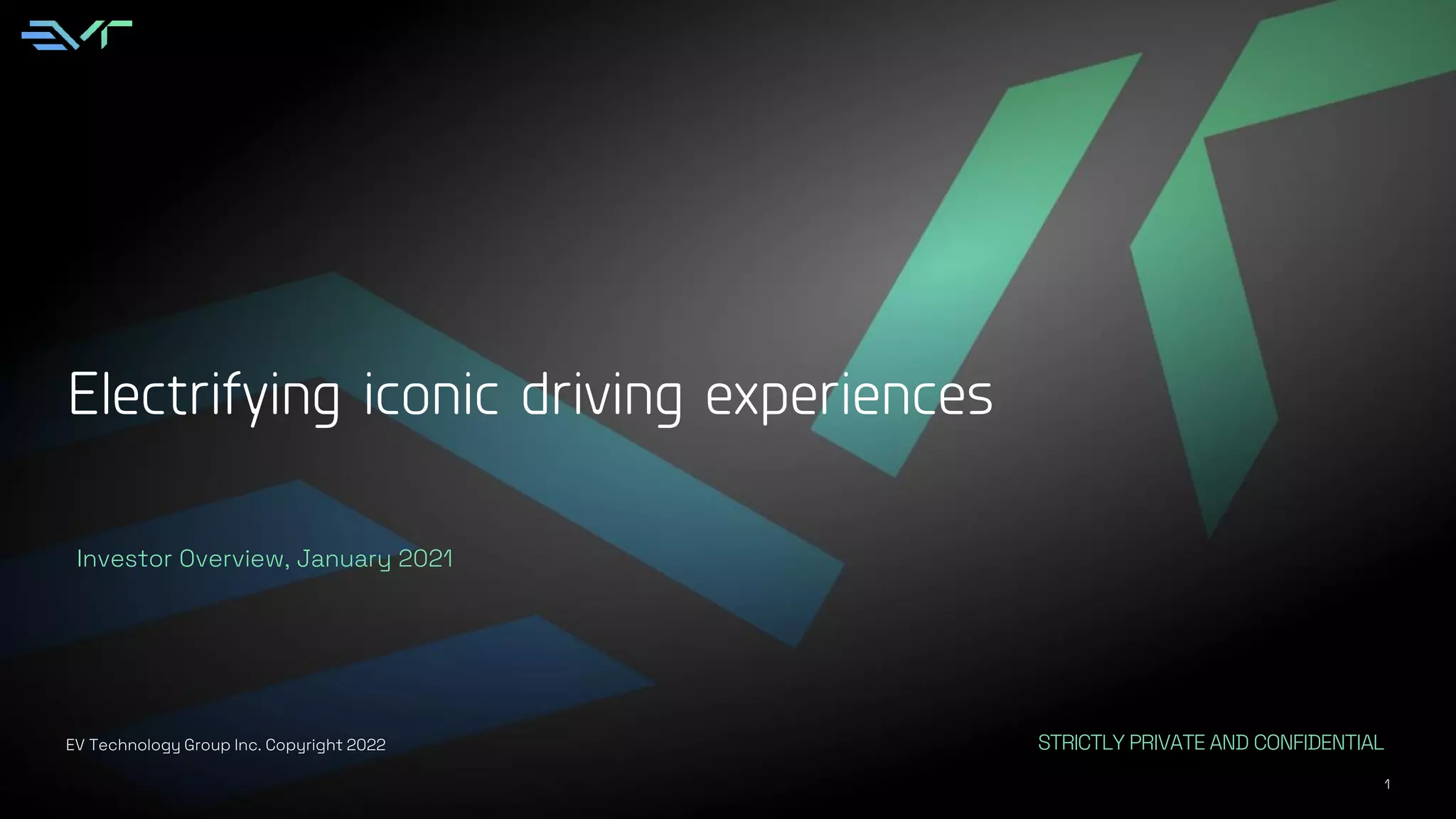 Cover slide of the EV Technology Group pitch deck — Growth / M&A 2022