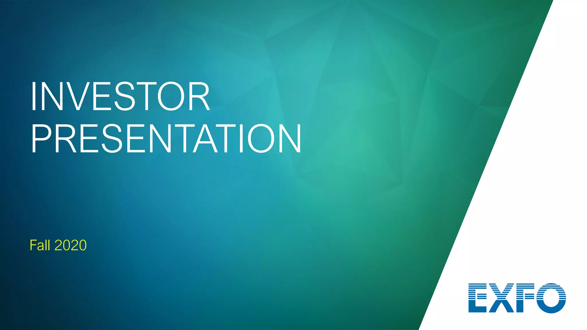 Cover slide of the EXFO pitch deck — Public/Mature 2020