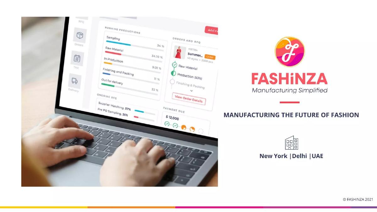 Cover slide of the Fashinza pitch deck — Series B 2022