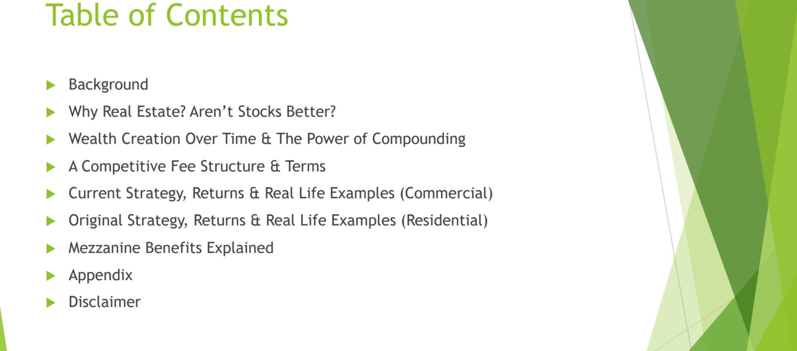 Cover slide of the FI Real Estate Fund One, LLC pitch deck — Seed 2021