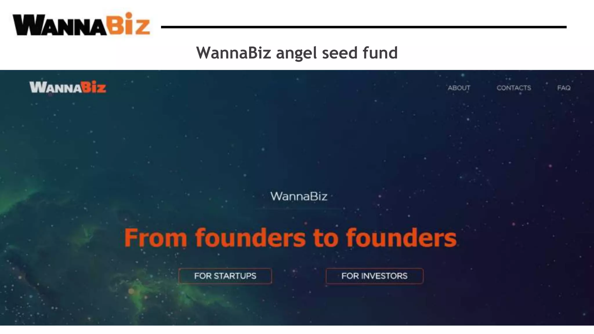Cover slide of the WannaBiz pitch deck — Seed