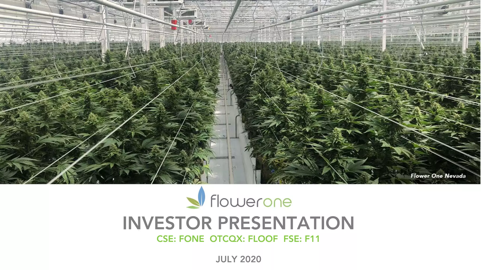 Cover slide of the Flower One Holdings pitch deck — Public (CSE: FONE) 2020