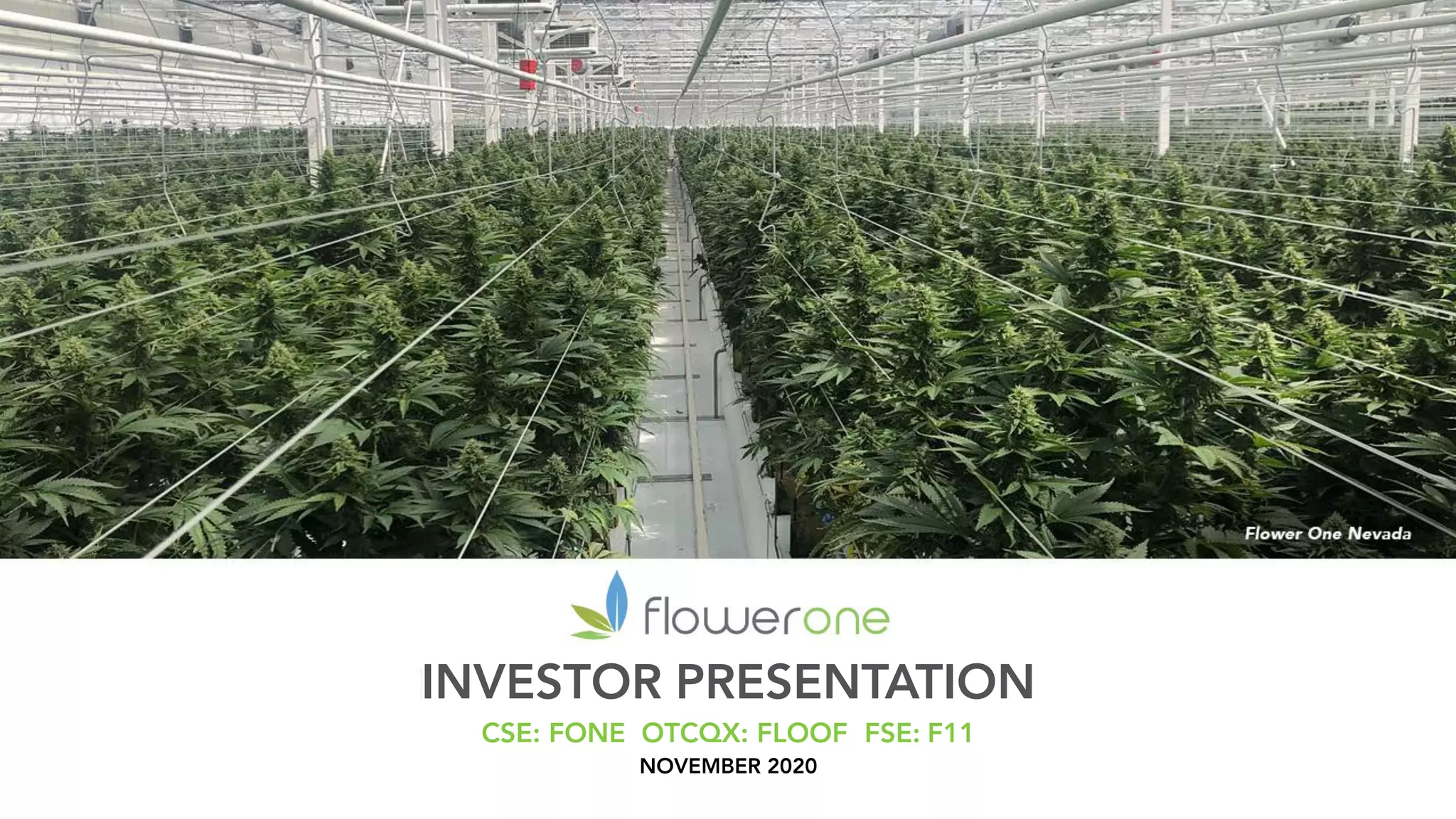 Cover slide of the Flower One Holdings pitch deck — Public (CSE: FONE) 2020