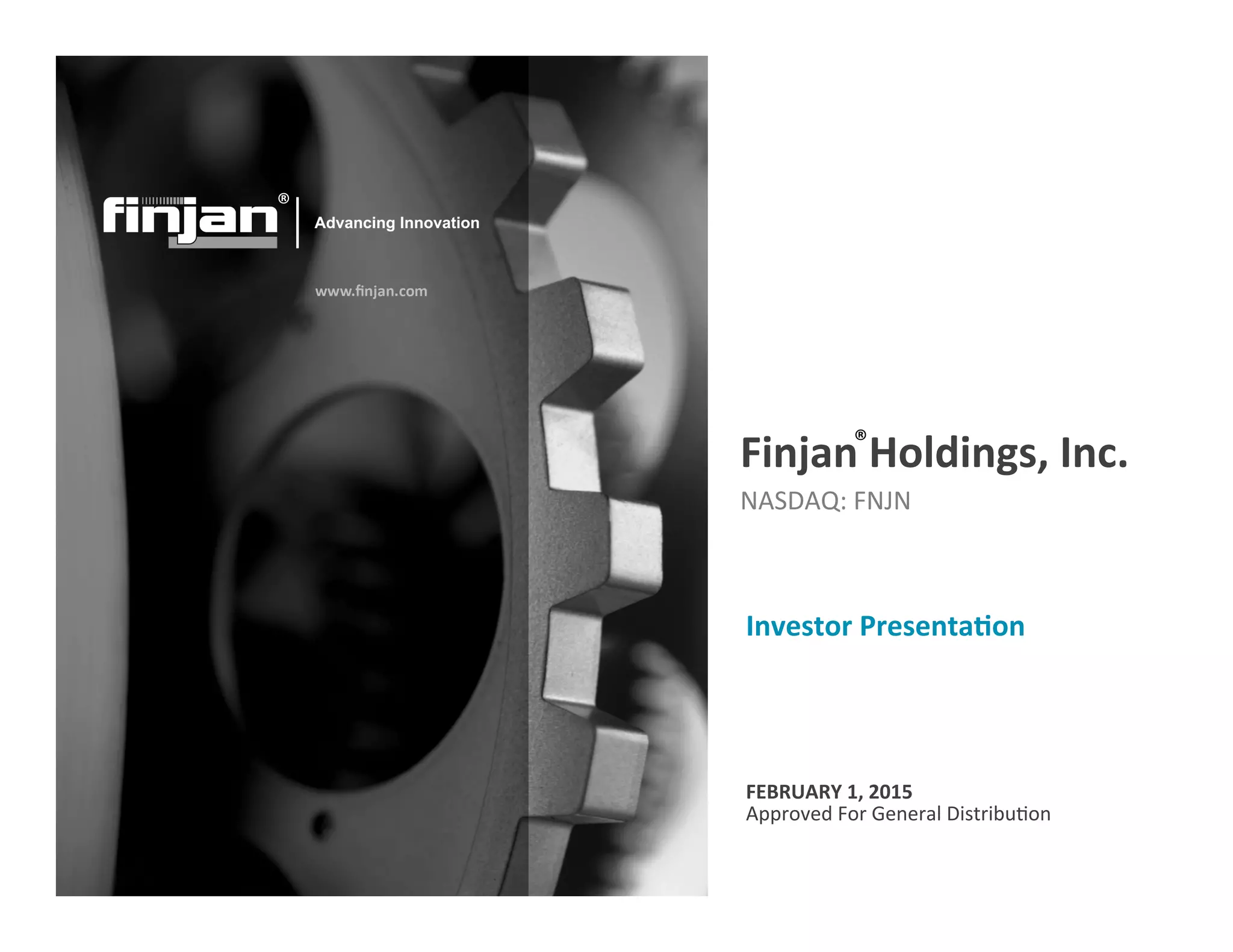 Cover slide of the Finjan Holdings, Inc. pitch deck — Public (NASDAQ: FNJN) 2015
