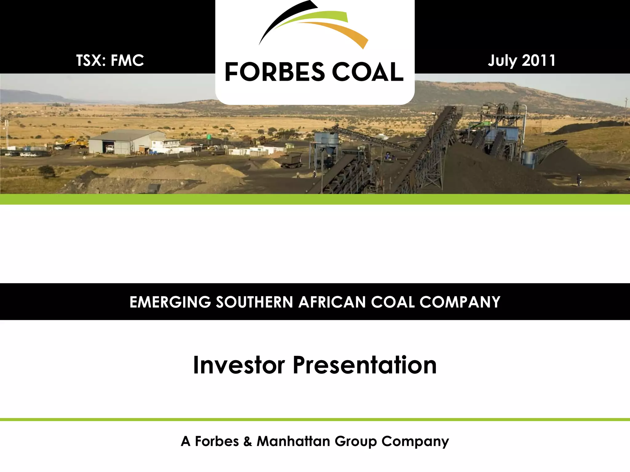Cover slide of the ForbesCoal pitch deck — Public (TSX: FMC) 2011