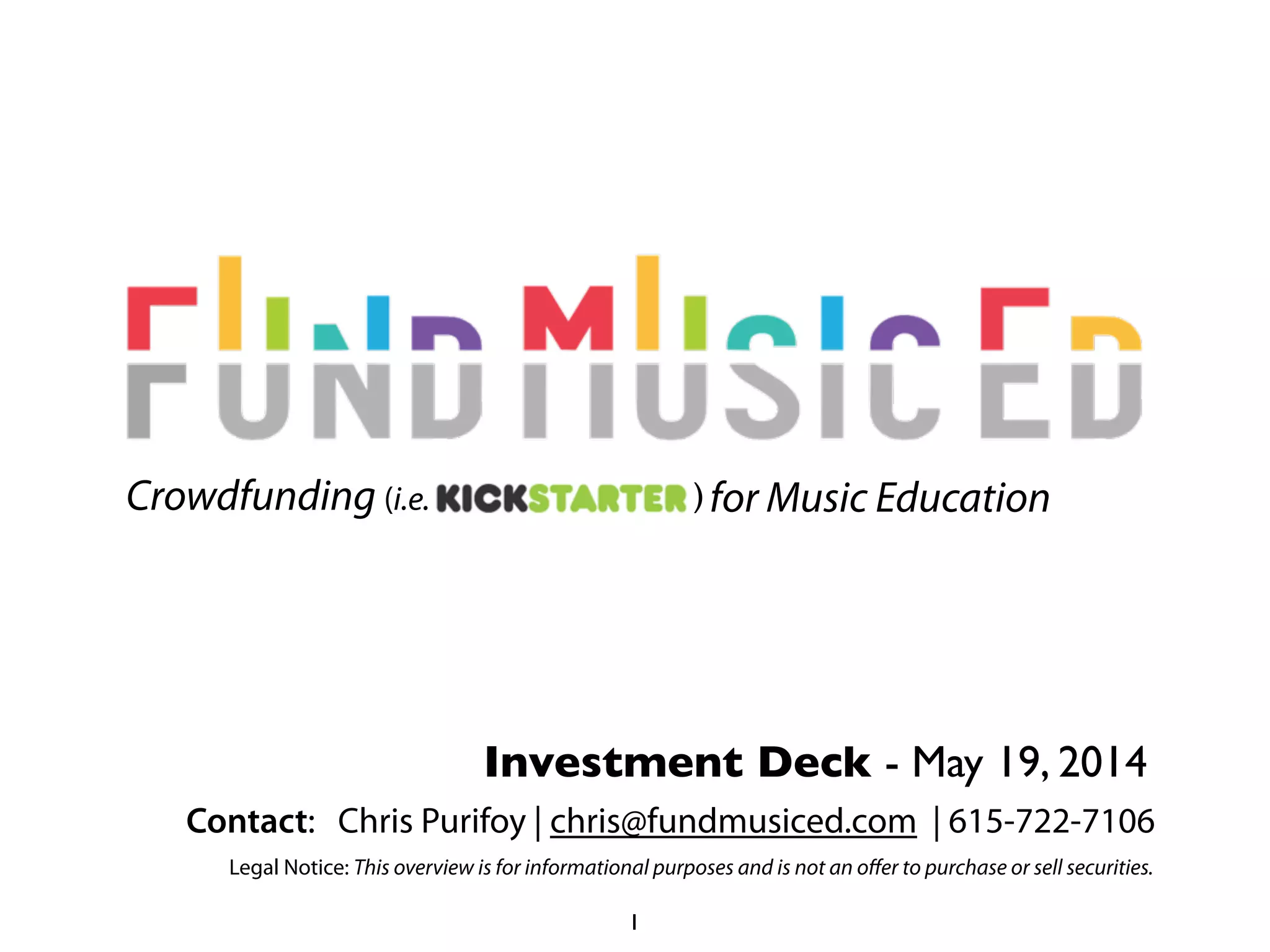 Cover slide of the Fund Music Ed pitch deck — Seed 2014