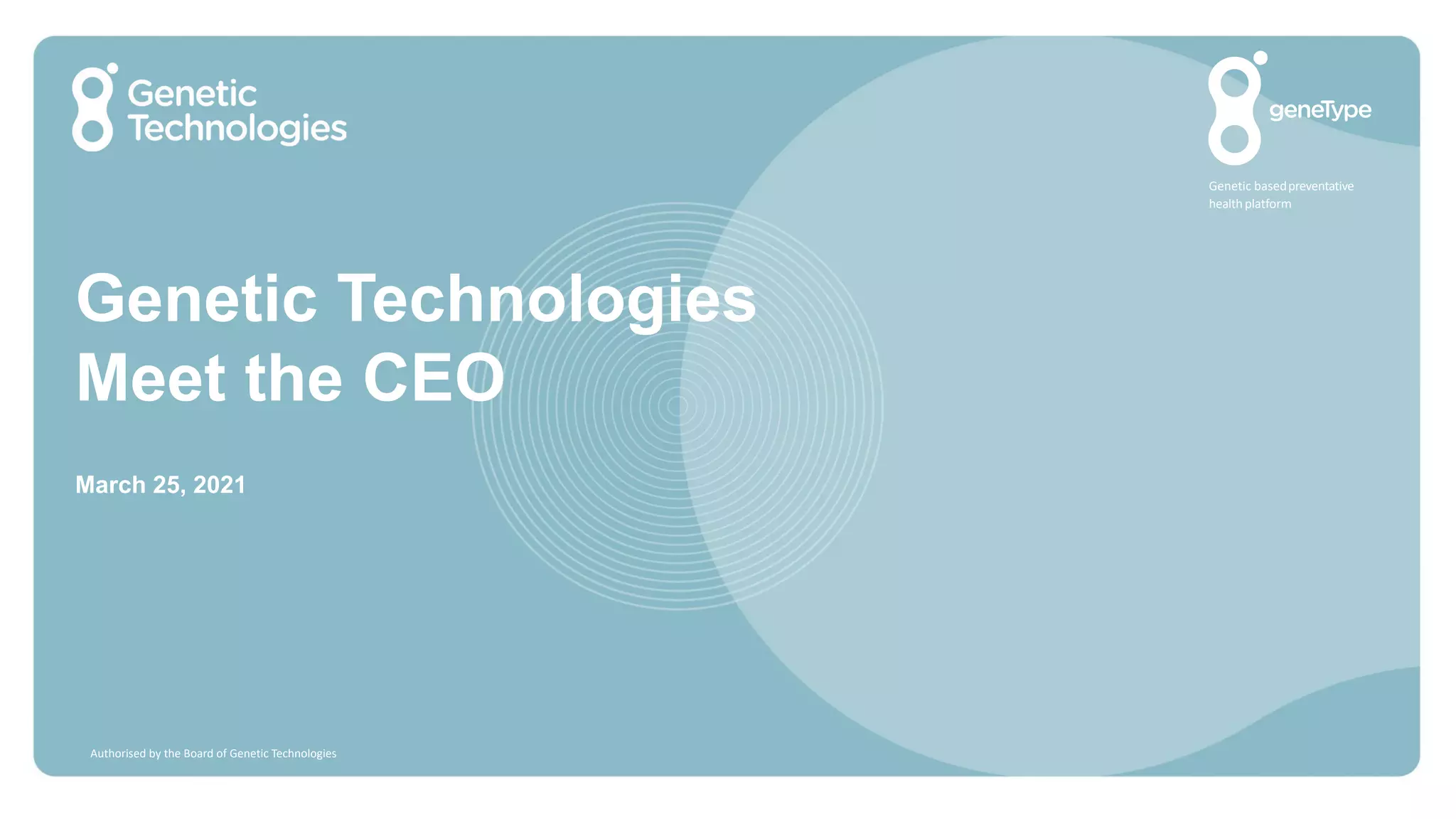 Cover slide of the Genetic Technologies pitch deck — Public (ASX/Nasdaq) 2021