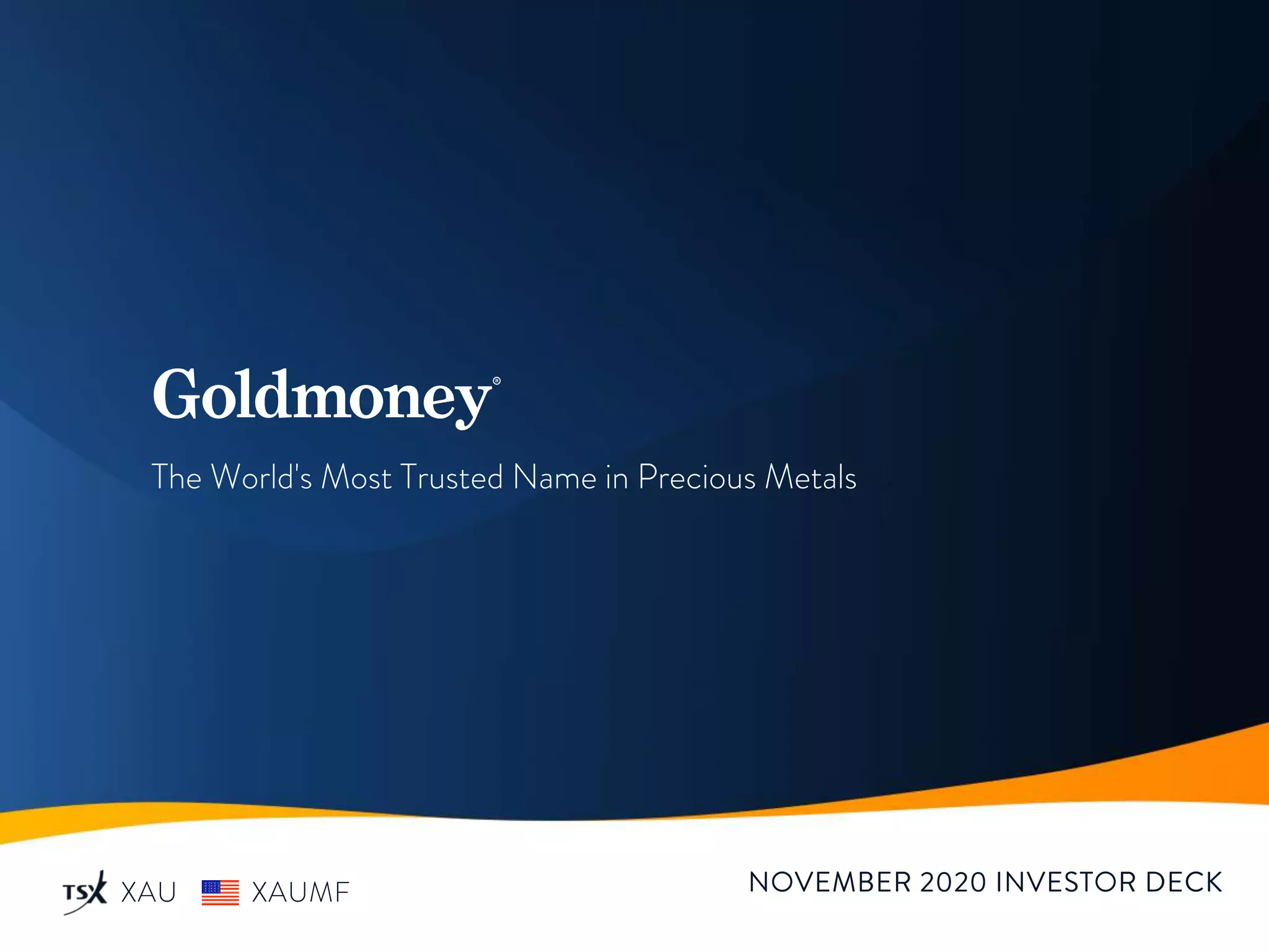 Cover slide of the Goldmoney pitch deck — Public (TSX: XAU) 2020