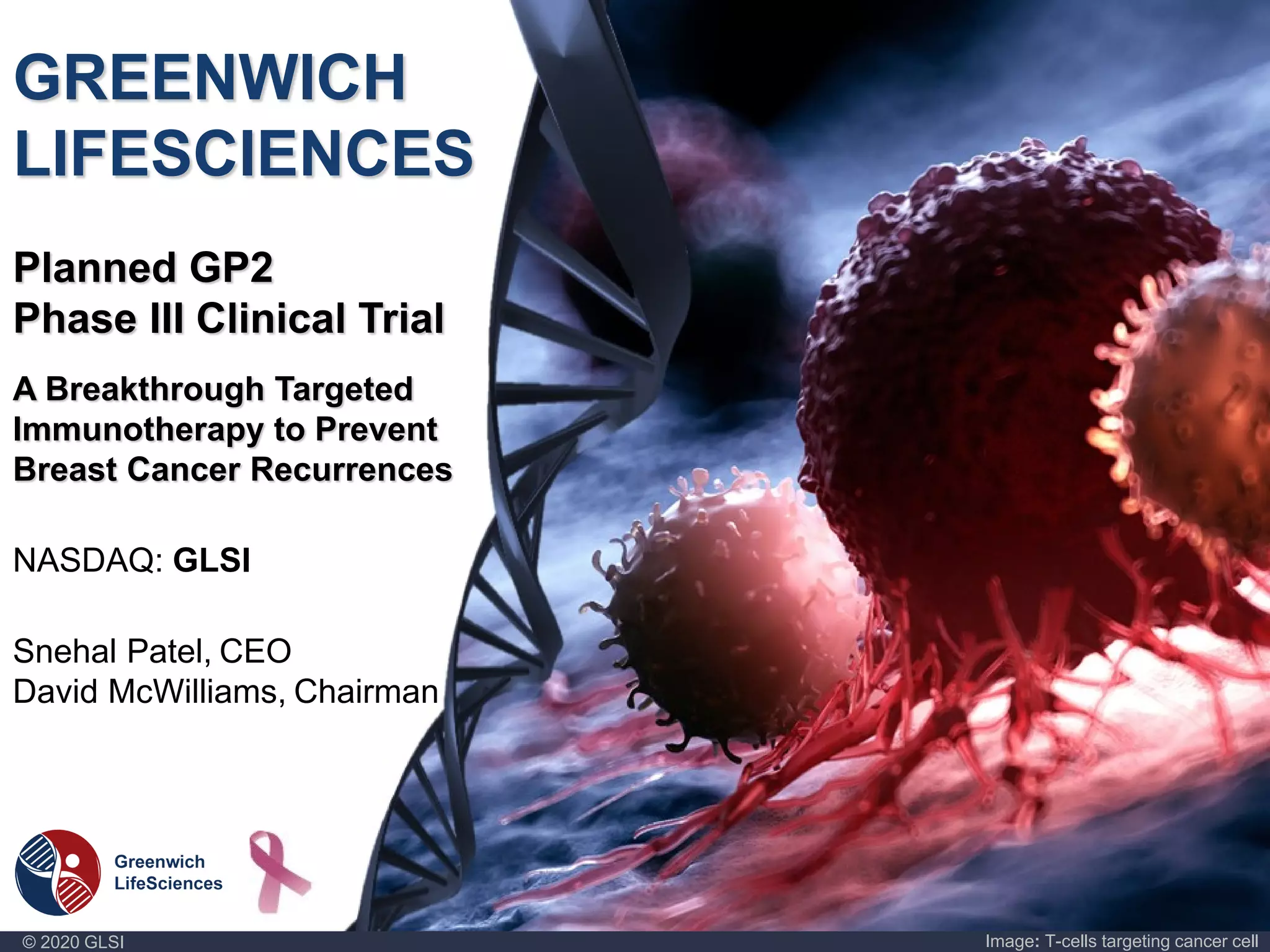 Cover slide of the Greenwich LifeSciences (GLSI) pitch deck — 2020