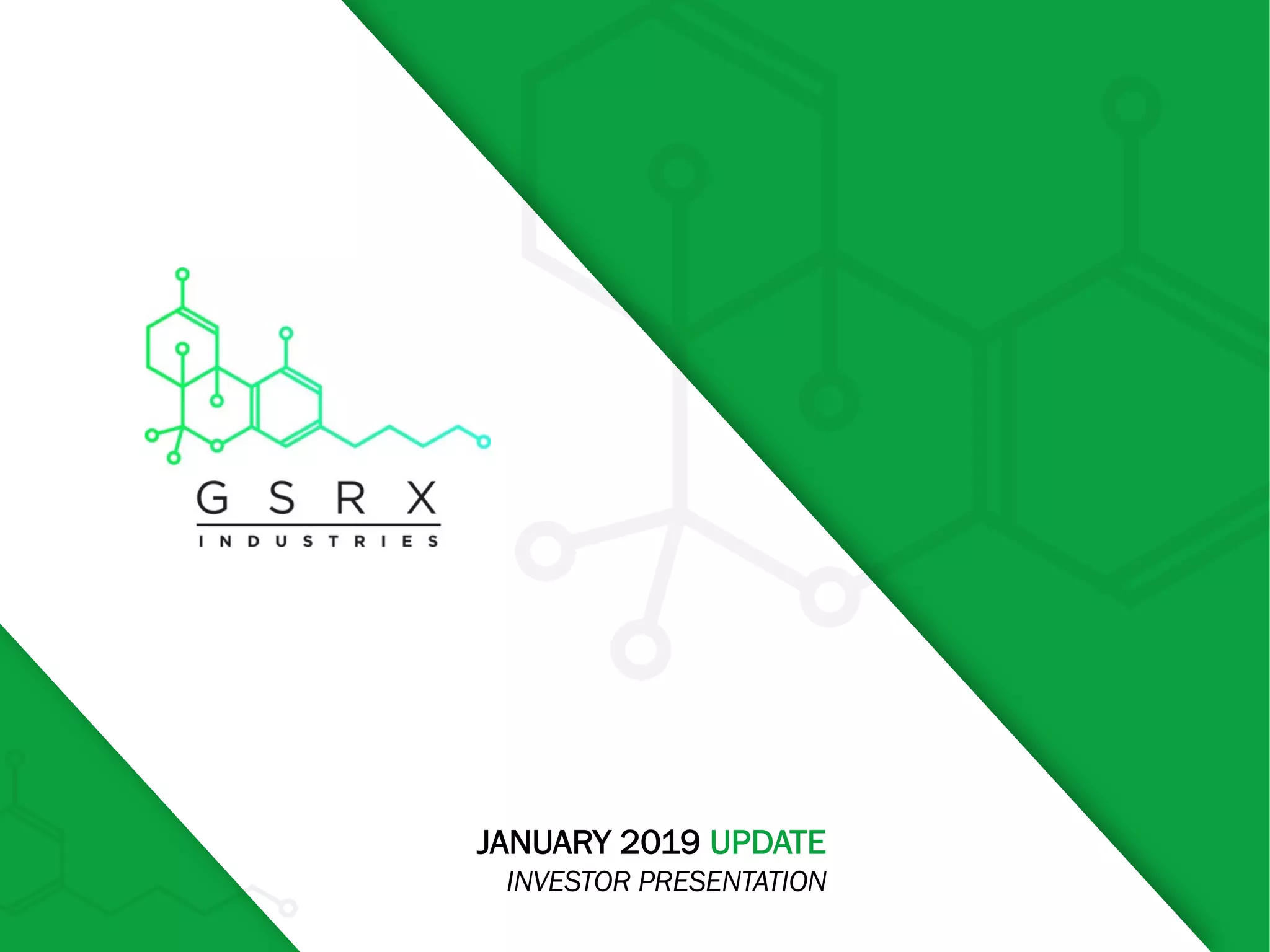 Cover slide of the GSRX Industries Inc. pitch deck