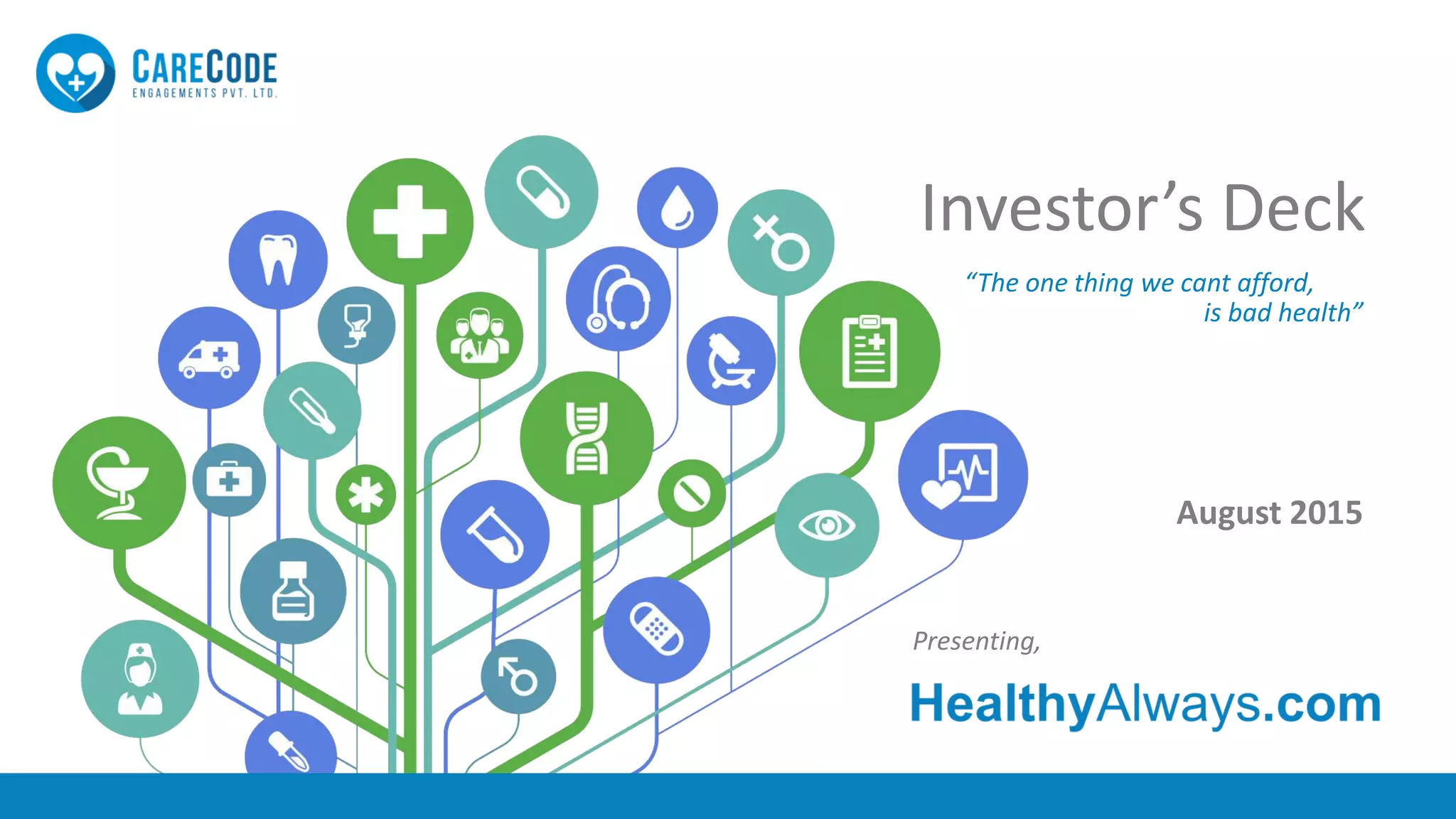 Cover slide of the HealthyAlways (Care Code Engagements Pvt. Ltd.) pitch deck — Early Stage 2015