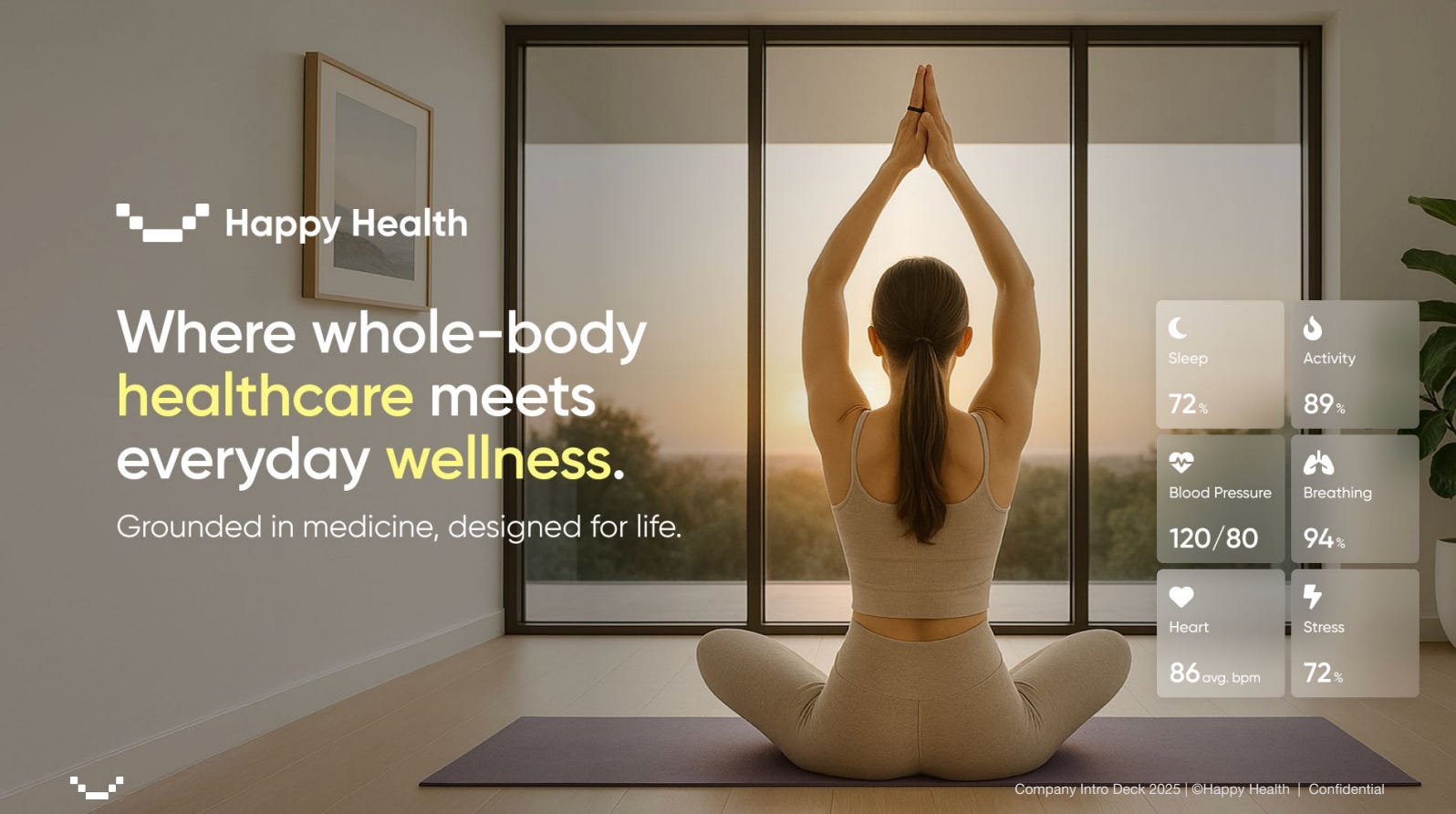 Cover slide of the Happy Health pitch deck — 2025