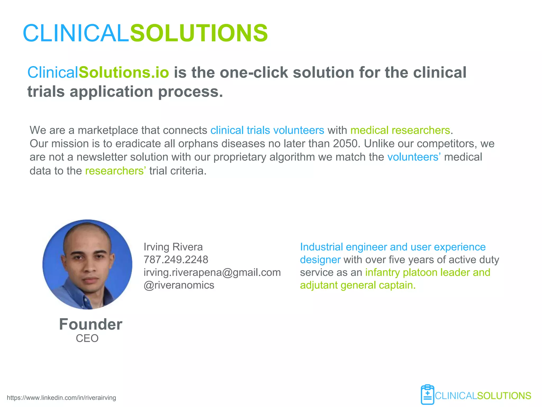 Cover slide of the ClinicalSolutions (ClinicalSolutions.io) pitch deck — Seed 2016