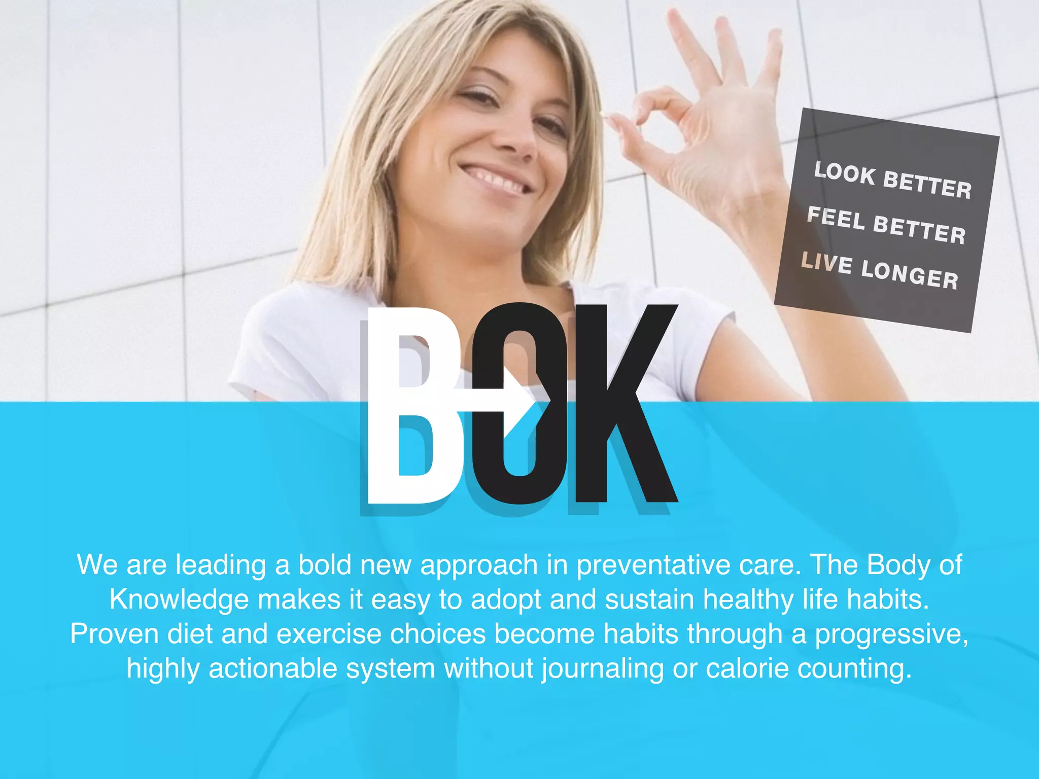 Cover slide of the Body of Knowledge (B-OK) pitch deck — 2016