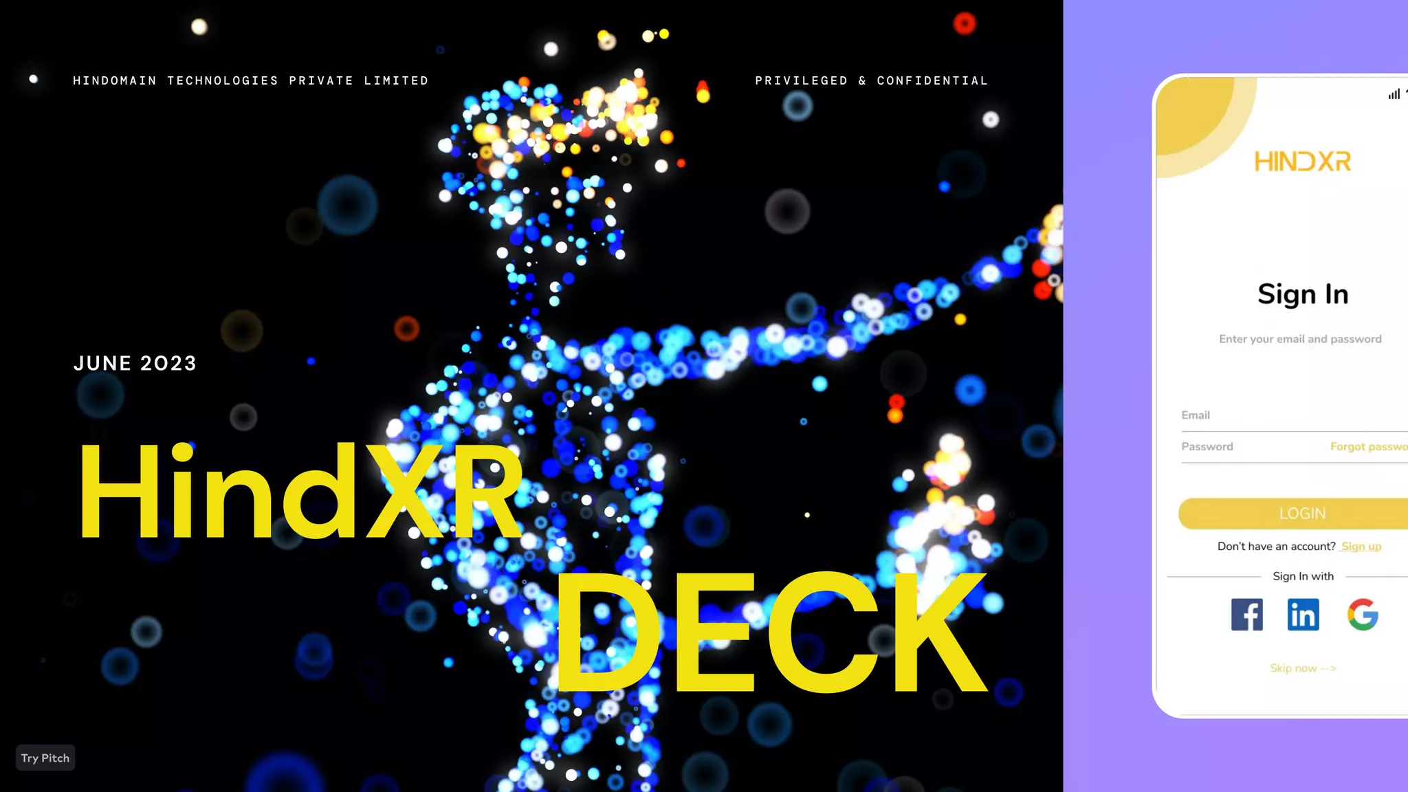 Cover slide of the HindXR (Hindomain Technologies Private Limited) pitch deck — 2023