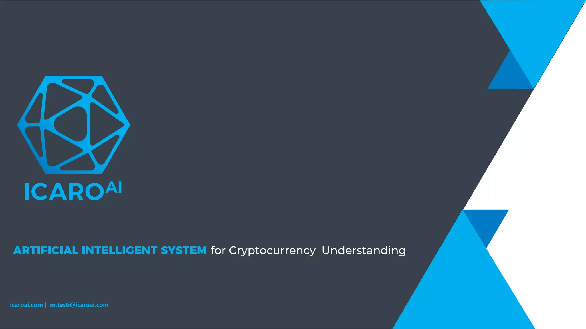 Cover slide of the Icaro AI pitch deck — 2018