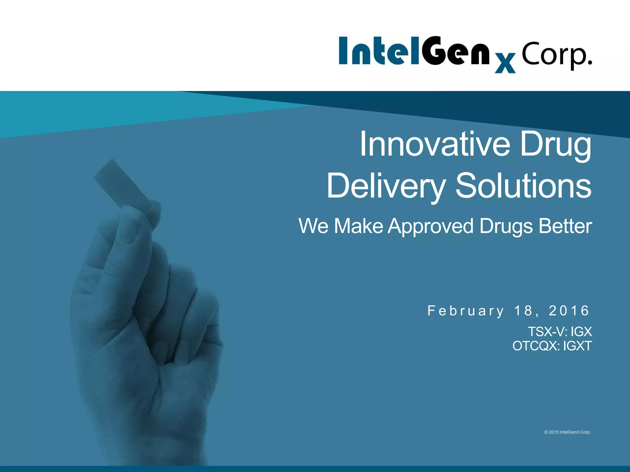 Cover slide of the IntelGenx Corp. pitch deck — 2016