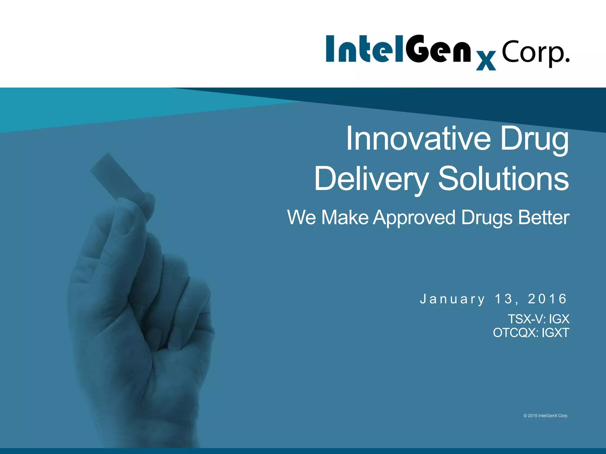 Cover slide of the IntelGenx Corp. pitch deck — 2016