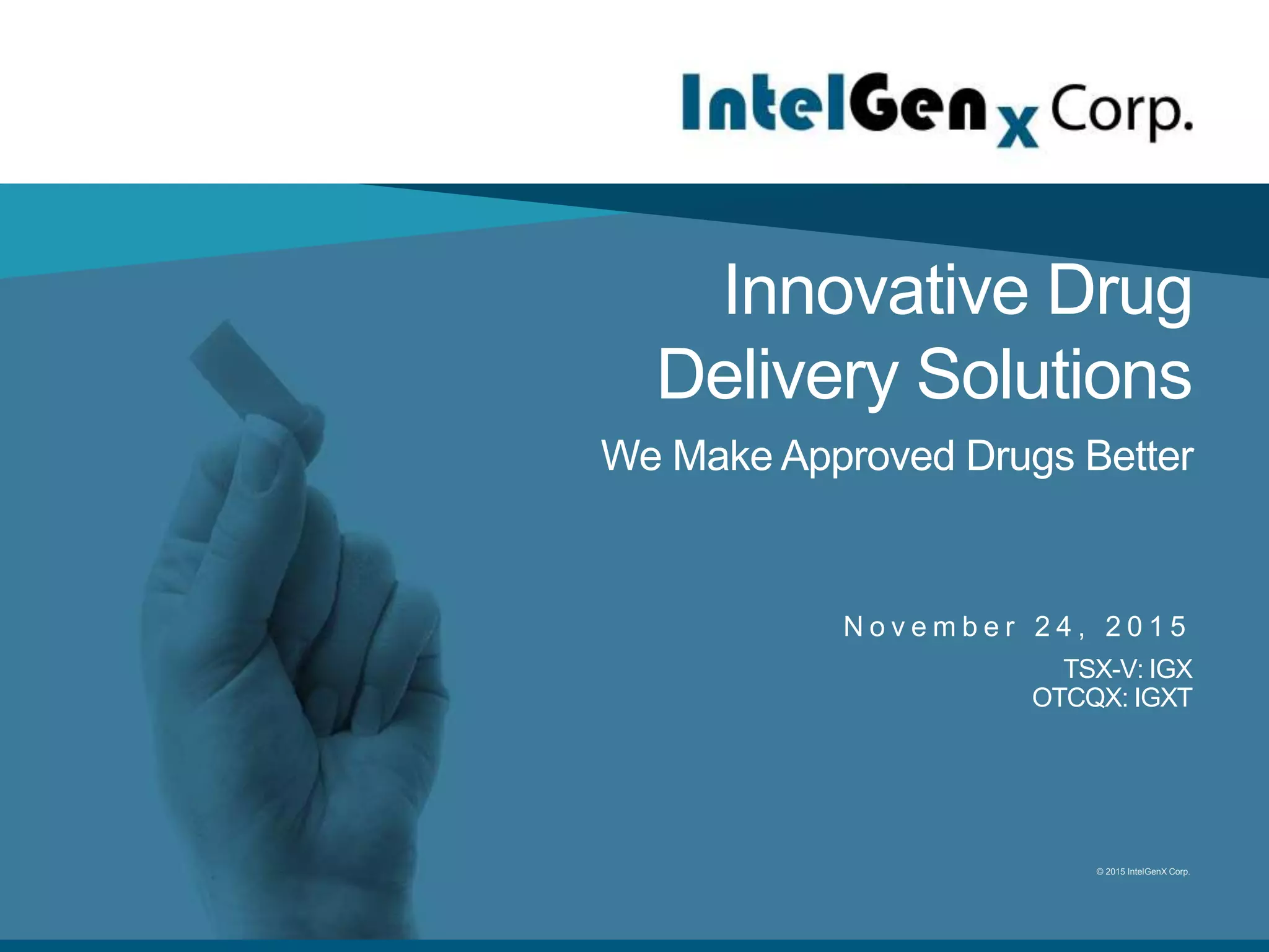 Cover slide of the IntelGenx Corp. (IGX) pitch deck — Public (TSX-V: IGX) 2015